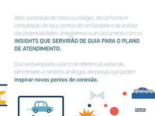 Após a extração de todos os códigos, do confronto e
comparação de seus pontos de similaridade e da análise
das potencialidades, chegaremos a um documento com os
INSIGHTS QUE SERVIRÃO DE GUIA PARA O PLANO
DE ATENDIMENTO.
Que será ampliado a partir de referências externas,
benchmarks e cenários análogos: empresas que podem
inspirar novos pontos de conexão.
 