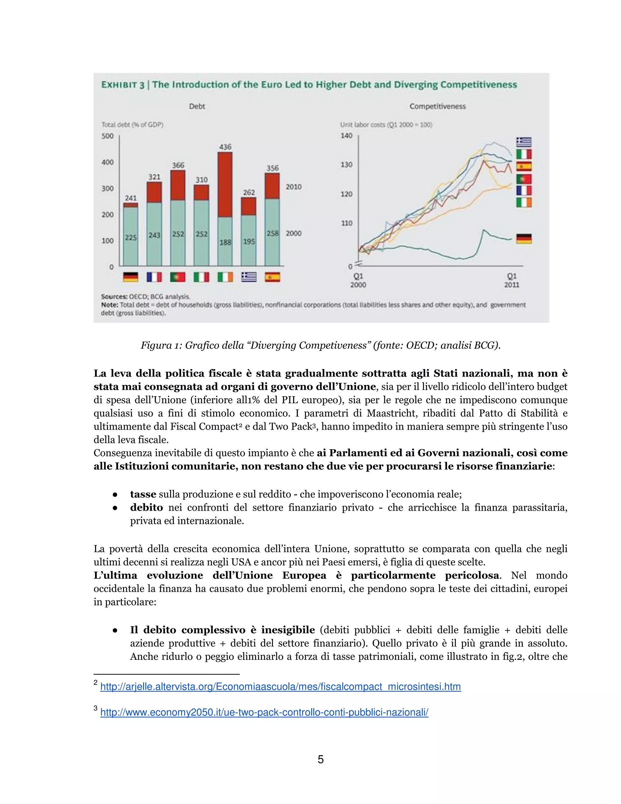 5
Figura 1: Grafico della “Diverging Competiveness” (fonte: OECD; analisi BCG).
La leva della politica fiscale è stata gradualmente sottratta agli Stati nazionali, ma non è
stata mai consegnata ad organi di governo dell’Unione, sia per il livello ridicolo dell’intero budget
di spesa dell’Unione (inferiore all1% del PIL europeo), sia per le regole che ne impediscono comunque
qualsiasi uso a fini di stimolo economico. I parametri di Maastricht, ribaditi dal Patto di Stabilità e
ultimamente dal Fiscal Compact2 e dal Two Pack3, hanno impedito in maniera sempre più stringente l’uso
della leva fiscale.
Conseguenza inevitabile di questo impianto è che ai Parlamenti ed ai Governi nazionali, così come
alle Istituzioni comunitarie, non restano che due vie per procurarsi le risorse finanziarie:
● tasse sulla produzione e sul reddito - che impoveriscono l’economia reale;
● debito nei confronti del settore finanziario privato - che arricchisce la finanza parassitaria,
privata ed internazionale.
La povertà della crescita economica dell’intera Unione, soprattutto se comparata con quella che negli
ultimi decenni si realizza negli USA e ancor più nei Paesi emersi, è figlia di queste scelte.
L’ultima evoluzione dell’Unione Europea è particolarmente pericolosa. Nel mondo
occidentale la finanza ha causato due problemi enormi, che pendono sopra le teste dei cittadini, europei
in particolare:
● Il debito complessivo è inesigibile (debiti pubblici + debiti delle famiglie + debiti delle
aziende produttive + debiti del settore finanziario). Quello privato è il più grande in assoluto.
Anche ridurlo o peggio eliminarlo a forza di tasse patrimoniali, come illustrato in fig.2, oltre che
2
http://arjelle.altervista.org/Economiaascuola/mes/fiscalcompact_microsintesi.htm
3
http://www.economy2050.it/ue-two-pack-controllo-conti-pubblici-nazionali/
 