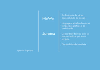 Agências Sugeridas
MeWe
Jurema
Proﬁssionais de várias
especialidade do design
Linguagem atualizada com as
tendências gráﬁcas e de
usabilidade
Capacidade técnica para se
responsabilizar por todo
projeto
Disponibilidade imediata
 
