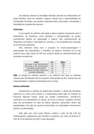 Os materiais relativos às atividades ofertadas deverão ser armazenados em
locais fechados, livres de umidade e seguros, ficando sob a responsabilidade do
Coordenador de Núcleo, que também responderá pela conservação, manutenção e
solicitação da e posição dos mesmos.


Uniformes

       O uso regular do uniforme está ligado a alguns aspectos importantes para o
desempenho      do   Programa,     como    disciplina       e   homogeneidade       do   grupo;
ensinamentos     básicos   de   organização      e     higiene;      fácil   reconhecimento   de
integrantes do Projeto e valorização do indivíduo; e funcionalidade para execução
de movimentos específicos.
       Para    estimular   ainda   mais    o     processo       de     ensino-aprendizagem     e
padronização dos participantes, o Ministério do Esporte, fornecerá um kit de
uniforme para cada núcleo do PST que também atende ao desenvolvimento das
atividades composto de:


                          Item                        Un.              Qtde.
               Camiseta (3 por beneficiado)           Un.               300
               Bermuda (1 por beneficiado)            Un.               100
                 Camiseta (coordenador)               Un.                3
               Camiseta (monitor esportivo)           Un.                3
                   Camiseta (Bolsista)                Un.                3
OBS: A entrega do material esportivo e do uniforme será feita no endereço
indicado pelo Coordenador Geral no sistema informatizado do PST, ficando sob sua
responsabilidade a respectiva distribuição para o núcleo.


Reforço Alimentar


       Considerando a carência do público-alvo atendido, a oferta das atividades
esportivas no contra turno escolar e a característica desta ação no contexto do
Programa      Segundo   Tempo,     tendo   seu       caráter    complementar,      considera-se
importante aos participantes um lanche, de forma a oferecer condições mínimas
para sua permanência no local da pratica esportiva, oferecendo, dentro das
possibilidades e do valor de recursos encaminhado, as propriedades mínimas para
garantir sua participação.


       Esta ação tem como preço Maximo unitário o valor de R$ 1,00 por
beneficiado/dia, estabelecido pelo Ministério do Esporte, por meio da Portaria nº
230, de 13 de dezembro de 2007 e suas alterações.
 