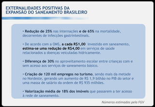 EXTERNALIDADES POSITIVAS DA
EXPANSÃO DO SANEAMENTO BRASILEIRO



      • Redução de 25% nas internações e de 65% na mortalidade,
      decorrentes de infecções gastrintestinais.

      • De acordo com a OMS, a cada R$1,00 investido em saneamento,
      estima-se uma redução de R$4,00 em serviços de saúde
      relacionados a doenças veiculadas hidricamente.

      • Diferença de 30% no aproveitamento escolar entre crianças com e
      sem acesso aos serviços de saneamento básico.

      • Criação de 120 mil empregos no turismo, sendo mais da metade
      no Nordeste, gerando um aumento de R$ 1,9 bilhão no PIB do setor e
      uma massa de salário da ordem de R$ 935 milhões.

      • Valorização média de 18% dos imóveis que passarem a ter acesso
      à rede de saneamento.
                                                    Números estimados pela FGV
 