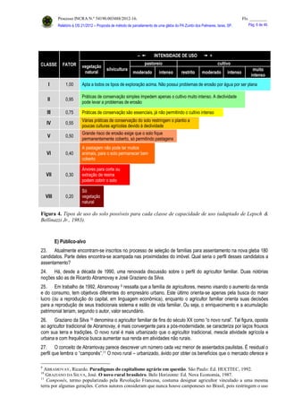 Processo INCRA N.º 54190.003488/2012-16. Fls. ________
Relatório à OS 21/2012 – Proposta de método de parcelamento de uma gleba do PA Zumbi dos Palmares, Iaras, SP. Pág. 6 de 46.
E) Público-alvo
23. Atualmente encontram-se inscritos no processo de seleção de famílias para assentamento na nova gleba 180
candidatos. Parte deles encontra-se acampada nas proximidades do imóvel. Qual seria o perfil desses candidatos a
assentamento?
24. Há, desde a década de 1990, uma renovada discussão sobre o perfil do agricultor familiar. Duas notórias
noções são as de Ricardo Abramovay e José Graziano da Silva.
25. Em trabalho de 1992, Abramovay 9 ressalta que a família de agricultores, mesmo visando o aumento da renda
e do consumo, tem objetivos diferentes do empresário urbano. Este último orienta-se apenas pela busca do maior
lucro (ou a reprodução do capital, em linguagem econômica), enquanto o agricultor familiar orienta suas decisões
para a reprodução de seus tradicionais sistema e estilo de vida familiar. Ou seja, o enriquecimento e a acumulação
patrimonial teriam, segundo o autor, valor secundário.
26. Graziano da Silva 10 denomina o agricultor familiar de fins do século XX como “o novo rural”. Tal figura, oposta
ao agricultor tradicional de Abramovay, é mais convergente para a pós-modernidade, se caracteriza por laços frouxos
com sua terra e tradições. O novo rural é mais urbanizado que o agricultor tradicional, mescla atividade agrícola e
urbana e com frequência busca aumentar sua renda em atividades não rurais.
27. O conceito de Abramovay parece descrever um número cada vez menor de assentados paulistas. É residual o
perfil que lembra o “camponês”.11 O novo rural – urbanizado, ávido por obter os benefícios que o mercado oferece e
9
ABRAMOVAY, Ricardo. Paradigmas do capitalismo agrário em questão. São Paulo: Ed. HUCITEC, 1992.
10
GRAZIANO DA SILVA, José. O novo rural brasileiro. Belo Horizonte: Ed. Nova Economia, 1987.
11
Camponês, termo popularizado pela Revolução Francesa, costuma designar agricultor vinculado a uma mesma
terra por algumas gerações. Certos autores consideram que nunca houve camponeses no Brasil, pois restringem o uso
CLASSE FATOR
–  INTENSIDADE DE USO  +
vegetação
natural
silvicultura
pastoreio cultivo
moderado intenso restrito moderado intenso
muito
intenso
I 1,00 Apta a todos os tipos de exploração acima. Não possui problemas de erosão por água por ser plana
II 0,95
Práticas de conservação simples impedem apenas o cultivo muito intenso. A declividade
pode levar a problemas de erosão
III 0,75 Práticas de conservação são essenciais, já não permitindo o cultivo intenso
IV 0,55
Várias práticas de conservação do solo restringem o plantio a
poucas culturas agrícolas devido à declividade
V 0,50
Grande risco de erosão exige que o solo fique
permanentemente coberto, só permitindo pastagens
VI 0,40
A pastagem não pode ter muitos
animais, para o solo permanecer bem
coberto
VII 0,30
Árvores para corte ou
extração de resina
podem cobrir o solo
VIII 0,20
Só
vegetação
natural
Figura 4. Tipos de uso do solo possíveis para cada classe de capacidade de uso (adaptado de Lepsch &
Bellinazzi Jr., 1983).
 