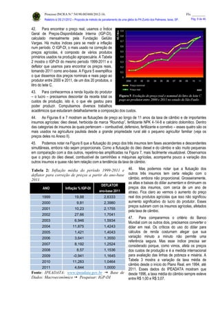 Processo INCRA N.º 54190.003488/2012-16. Fls. ________
Relatório à OS 21/2012 – Proposta de método de parcelamento de uma gleba do PA Zumbi dos Palmares, Iaras, SP. Pág. 9 de 46.
42. Para encontrar o preço real, usamos o Índice
Geral de Preços-Disponibilidade Interna (IGP-DI),
calculado mensalmente pela Fundação Getúlio
Vargas. Há muitos índices para se medir a inflação
num período. O IGP-DI, o mais usado na correção de
preços agrícolas, é composto de vários produtos
primários usados na produção agropecuária. A Tabela
2 mostra o IGP-DI do mesmo período 1999-2011 e o
deflator que usamos para encontrar os preços reais,
tomando 2011 como ano-base. A Figura 5 exemplifica
o que dissemos dos preços nominais e reais pago ao
produtor entre 2000 e 2011, de um dos 20 produtos, o
litro do leite C.
43. Para conhecermos a renda líquida do produtor
– o lucro – precisamos descontar da receita total os
custos de produção, isto é, o que ele gastou para
poder produzir. Compulsamos diversos trabalhos
acadêmicos que estudaram detalhadamente a composição dos custos.
44. As Figuras 6 e 7 mostram as flutuações de preço ao longo de 11 anos da taxa de câmbio e de importantes
insumos agrícolas: óleo diesel, herbicida da marca “Roundup”, fertilizante NPK 4-14-8 e calcário dolomítico. Dentro
das categorias de insumos às quais pertencem – combustível, defensivo, fertilizante e corretivo – esses quatro são os
mais usados na agricultura paulista desde a grande propriedade rural até o pequeno agricultor familiar (veja os
preços deles no Anexo II).
45. Podemos notar na Figura 6 que a flutuação do preço dos três insumos tem fases ascendentes e descendentes
simultâneas, embora não sejam proporcionais. Como a flutuação do óleo diesel e do câmbio e são muito pequenas
em comparação com a dos outros, repetimo-las amplificadas na Figura 7, mais facilmente visualizável. Observamos
que o preço do óleo diesel, combustível de caminhões e máquinas agrícolas, acompanha pouco a variação dos
outros insumos e quase não tem relação com a tendência da taxa de câmbio.
46. Mas podemos notar que a flutuação dos
outros três insumos tem certa relação com o
câmbio, embora não proporcional. Grosseiramente,
as altas e baixas do dólar aumentam e diminuem os
preços dos insumos, com cerca de um ano de
atraso. Fica claro ao vermos o aumento do preço
real dos produtos agrícolas que isso não significou
aumento significativo do lucro do produtor. Esses
preços subiram com os insumos agrícolas, afetados
pela taxa de câmbio.
47. Para compararmos o critério do Banco
Mundial com os outros dois, precisamos converter o
dólar em real. Os críticos do uso do dólar para
cálculos de renda costumam alegar que sua
variação minuto a minuto não permite uma
referência segura. Mas esse índice precisa ser
considerado porque, como vimos, afeta os preços
dos custos de produção e é a medida internacional
para avaliação das linhas de pobreza e miséria. A
Tabela 3 mostra a variação da taxa média de
câmbio desde o início do Plano Real, em 1994, até
2011. Esses dados do IPEADATA mostram que
desde 1996, a taxa média do câmbio sempre esteve
entre R$ 1,00 e R$ 3,07.
Tabela 2: Inflação média do período 1999-2011 e
deflator para correção de preços a partir do ano-base
2011.
ANO Inflação % IGP-DI
DEFLATOR
ano-base 2011
1999 19,88 2,6333
2000 9,81 2,3980
2001 10,23 2,1755
2002 27,66 1,7041
2003 6,946 1,5934
2004 11,875 1,4243
2005 1,421 1,4043
2006 3,641 1,3550
2007 8,192 1,2524
2008 8,57 1,1536
2009 -0,941 1,1645
2010 11,283 1,0464
2011 4,644 1,0000
Fonte: IPEADATA: www.ipeadata.gov.br  Base de
Dados: Macroeconômico  Pesquisar: IGP-DI
 