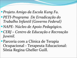 Projeto Amigo da Escola Kung Fu. PETI-Programa  De Erradicação do Trabalho Infantil (Governo Federal)  NAPE- Núcleo de Apoio Pedagógico.  CERJ – Centro de Educação e Recreação Juvenil. Parceria com a Clínica de Terapia Ocupacional - Terapeuta Educacional: Sônia Regina Gheller Guill. 