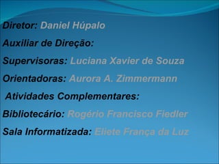 Diretor:  Daniel Húpalo Auxiliar de Direção: Supervisoras:  Luciana Xavier de Souza Orientadoras:   Aurora A. Zimmermann  Atividades Complementares: Bibliotecário:  Rogério Francisco Fiedler Sala Informatizada:  Eliete França da Luz 