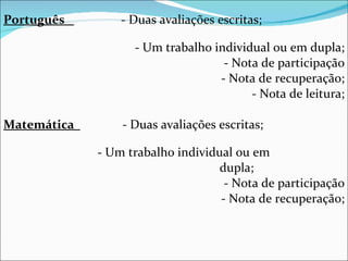 Português   - Duas avaliações escritas;  - Um trabalho individual ou em dupla; - Nota de participação - Nota de recuperação; - Nota de leitura; Matemática  - Duas avaliações escritas;  - Um trabalho individual ou em  dupla; - Nota de participação - Nota de recuperação; 