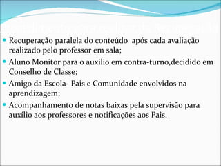 Procedimento para realizar da Recuperação Recuperação paralela do conteúdo  após cada avaliação realizado pelo professor em sala; Aluno Monitor para o auxilio em contra-turno,decidido em Conselho de Classe; Amigo da Escola- Pais e Comunidade envolvidos na aprendizagem; Acompanhamento de notas baixas pela supervisão para auxílio aos professores e notificações aos Pais. 