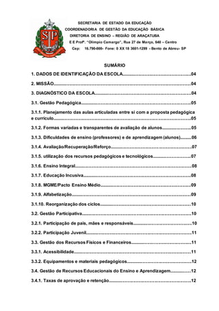 SECRETARIA DE ESTADO DA EDUCAÇÃO
COORDENADORIA DE GESTÃO DA EDUCAÇÃO BÁSICA
DIRETORIA DE ENSINO – REGIÃO DE ARAÇATUBA
E E Profº. “Olímpio Camargo”, Rua 27 de Março, 640 – Centro
Cep: 16.790-000- Fone: 0 XX 18 3601-1299 - Bento de Abreu- SP
SUMÁRIO
1. DADOS DE IDENTIFICAÇÃO DA ESCOLA.........................................................04
2. MISSÃO.................................................................................................................04
3. DIAGNÓSTICO DA ESCOLA................................................................................04
3.1. Gestão Pedagógica...........................................................................................05
3.1.1. Planejamento das aulas articuladas entre si com a proposta pedagógica
e currículo.................................................................................................................05
3.1.2. Formas variadas e transparentes de avaliação de alunos.........................05
3.1.3. Dificuldades de ensino (professores) e de aprendizagem (alunos)..........06
3.1.4. Avaliação/Recuperação/Reforço...................................................................07
3.1.5. utilização dos recursos pedagógicos e tecnológicos................................07
3.1.6. Ensino Integral................................................................................................08
3.1.7. Educação Incusiva.........................................................................................08
3.1.8. MGME/Pacto Ensino Médio...........................................................................09
3.1.9. Alfabetização..................................................................................................09
3.1.10. Reorganização dos ciclos...........................................................................10
3.2. Gestão Participativa..........................................................................................10
3.2.1. Participação de pais, mães e responsáveis.................................................10
3.2.2. Participação Juvenil.......................................................................................11
3.3. Gestão dos Recursos Físicos e Financeiros..................................................11
3.3.1. Acessibilidade................................................................................................11
3.3.2. Equipamentos e materiais pedagógicos......................................................12
3.4. Gestão de Recursos Educacionais do Ensino e Aprendizagem..................12
3.4.1. Taxas de aprovação e retenção....................................................................12
 