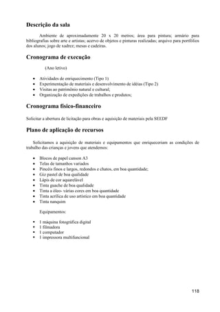 Descrição da sala
       Ambiente de aproximadamente 20 x 20 metros; área para pintura; armário para
bibliografias sobre arte e artistas; acervo de objetos e pinturas realizadas; arquivo para portfólios
dos alunos; jogo de xadrez; mesas e cadeiras.

Cronograma de execução
           (Ano letivo)

   •   Atividades de enriquecimento (Tipo 1)
   •   Experimentação de materiais e desenvolvimento de idéias (Tipo 2)
   •   Visitas ao patrimônio natural e cultural;
   •   Organização de expedições de trabalhos e produtos;

Cronograma físico-financeiro

Solicitar a abertura de licitação para obras e aquisição de materiais pela SEEDF

Plano de aplicação de recursos

    Solicitamos a aquisição de materiais e equipamentos que enriqueceriam as condições de
trabalho das crianças e jovens que atendemos:

   •   Blocos de papel canson A3
   •   Telas de tamanhos variados
   •   Pincéis finos e largos, redondos e chatos, em boa quantidade;
   •   Giz pastel de boa qualidade
   •   Lápis de cor aquarelável
   •   Tinta guache de boa qualidade
   •   Tinta a óleo- várias cores em boa quantidade
   •   Tinta acrílica de uso artístico em boa quantidade
   •   Tinta nanquim

       Equipamentos:

       1 máquina fotográfica digital
       1 filmadora
       1 computador
       1 impressora multifuncional




                                                                                                118
 