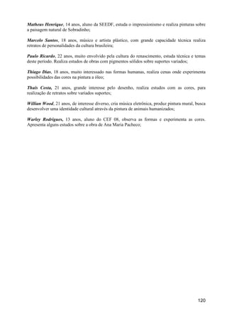 Matheus Henrique, 14 anos, aluno da SEEDF, estuda o impressionismo e realiza pinturas sobre
a paisagem natural de Sobradinho;

Marcelo Santos, 18 anos, músico e artista plástico, com grande capacidade técnica realiza
retratos de personalidades da cultura brasileira;

Paulo Ricardo, 22 anos, muito envolvido pela cultura do renascimento, estuda técnica e temas
deste período. Realiza estudos de obras com pigmentos sólidos sobre suportes variados;

Thiago Dias, 18 anos, muito interessado nas formas humanas, realiza cenas onde experimenta
possibilidades das cores na pintura a óleo;

Thaís Costa, 21 anos, grande interesse pelo desenho, realiza estudos com as cores, para
realização de retratos sobre variados suportes;

Willian Wood, 21 anos, de interesse diverso, cria música eletrônica, produz pintura mural, busca
desenvolver uma identidade cultural através da pintura de animais humanizados;

Warley Rodrigues, 13 anos, aluno do CEF 08, observa as formas e experimenta as cores.
Apresenta alguns estudos sobre a obra de Ana Maria Pacheco;




                                                                                           120
 