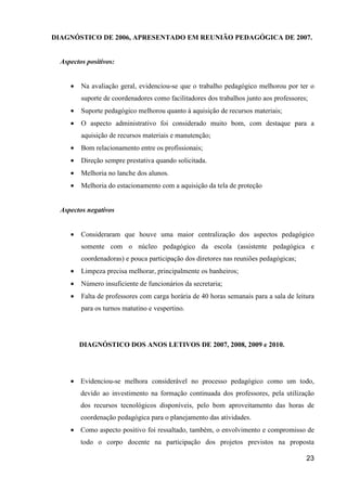 DIAGNÓSTICO DE 2006, APRESENTADO EM REUNIÃO PEDAGÓGICA DE 2007.


  Aspectos positivos:


     •   Na avaliação geral, evidenciou-se que o trabalho pedagógico melhorou por ter o
         suporte de coordenadores como facilitadores dos trabalhos junto aos professores;
     •   Suporte pedagógico melhorou quanto à aquisição de recursos materiais;
     •   O aspecto administrativo foi considerado muito bom, com destaque para a
         aquisição de recursos materiais e manutenção;
     •   Bom relacionamento entre os profissionais;
     •   Direção sempre prestativa quando solicitada.
     •   Melhoria no lanche dos alunos.
     •   Melhoria do estacionamento com a aquisição da tela de proteção


  Aspectos negativos


     •   Consideraram que houve uma maior centralização dos aspectos pedagógico
         somente com o núcleo pedagógico da escola (assistente pedagógica e
         coordenadoras) e pouca participação dos diretores nas reuniões pedagógicas;
     •   Limpeza precisa melhorar, principalmente os banheiros;
     •   Número insuficiente de funcionários da secretaria;
     •   Falta de professores com carga horária de 40 horas semanais para a sala de leitura
         para os turnos matutino e vespertino.




         DIAGNÓSTICO DOS ANOS LETIVOS DE 2007, 2008, 2009 e 2010.




     • Evidenciou-se melhora considerável no processo pedagógico como um todo,
         devido ao investimento na formação continuada dos professores, pela utilização
         dos recursos tecnológicos disponíveis, pelo bom aproveitamento das horas de
         coordenação pedagógica para o planejamento das atividades.
     • Como aspecto positivo foi ressaltado, também, o envolvimento e compromisso de
         todo o corpo docente na participação dos projetos previstos na proposta

                                                                                        23
 