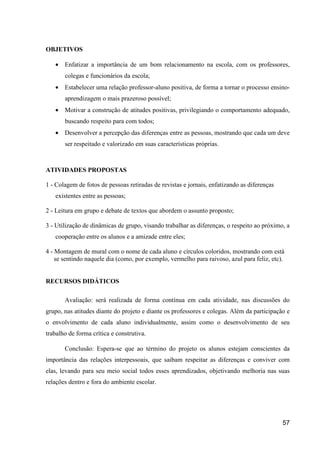 OBJETIVOS

   •   Enfatizar a importância de um bom relacionamento na escola, com os professores,
       colegas e funcionários da escola;
   •   Estabelecer uma relação professor-aluno positiva, de forma a tornar o processo ensino-
       aprendizagem o mais prazeroso possível;
   •   Motivar a construção de atitudes positivas, privilegiando o comportamento adequado,
       buscando respeito para com todos;
   •   Desenvolver a percepção das diferenças entre as pessoas, mostrando que cada um deve
       ser respeitado e valorizado em suas características próprias.



ATIVIDADES PROPOSTAS

1 - Colagem de fotos de pessoas retiradas de revistas e jornais, enfatizando as diferenças
   existentes entre as pessoas;

2 - Leitura em grupo e debate de textos que abordem o assunto proposto;

3 - Utilização de dinâmicas de grupo, visando trabalhar as diferenças, o respeito ao próximo, a
   cooperação entre os alunos e a amizade entre eles;

4 - Montagem de mural com o nome de cada aluno e círculos coloridos, mostrando com está
    se sentindo naquele dia (como, por exemplo, vermelho para raivoso, azul para feliz, etc).


RECURSOS DIDÁTICOS

       Avaliação: será realizada de forma contínua em cada atividade, nas discussões do
grupo, nas atitudes diante do projeto e diante os professores e colegas. Além da participação e
o envolvimento de cada aluno individualmente, assim como o desenvolvimento de seu
trabalho de forma crítica e construtiva.

       Conclusão: Espera-se que ao término do projeto os alunos estejam conscientes da
importância das relações interpessoais, que saibam respeitar as diferenças e conviver com
elas, levando para seu meio social todos esses aprendizados, objetivando melhoria nas suas
relações dentro e fora do ambiente escolar.




                                                                                             57
 