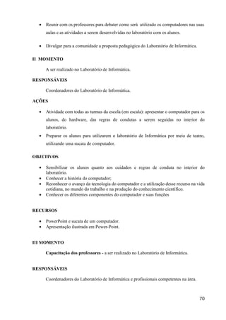 •   Reunir com os professores para debater como será utilizado os computadores nas suas
      aulas e as atividades a serem desenvolvidas no laboratório com os alunos.

  •   Divulgar para a comunidade a proposta pedagógica do Laboratório de Informática.

II MOMENTO

      A ser realizado no Laboratório de Informática.

RESPONSÁVEIS

      Coordenadores do Laboratório de Informática.

AÇÕES

  •   Atividade com todas as turmas da escola (em escala): apresentar o computador para os
      alunos, do hardware, das regras de condutas a serem seguidas no interior do
      laboratório.
  •   Preparar os alunos para utilizarem o laboratório de Informática por meio de teatro,
      utilizando uma sucata de computador.

OBJETIVOS

  •   Sensibilizar os alunos quanto aos cuidados e regras de conduta no interior do
      laboratório.
  •   Conhecer a história do computador;
  •   Reconhecer o avanço da tecnologia do computador e a utilização desse recurso na vida
      cotidiana, no mundo do trabalho e na produção do conhecimento científico.
  •   Conhecer os diferentes componentes do computador e suas funções


RECURSOS

  •   PowerPoint e sucata de um computador.
  •   Apresentação ilustrada em Power-Point.


III MOMENTO

      Capacitação dos professores - a ser realizado no Laboratório de Informática.


RESPONSÁVEIS

      Coordenadores do Laboratório de Informática e profissionais competentes na área.



                                                                                         70
 