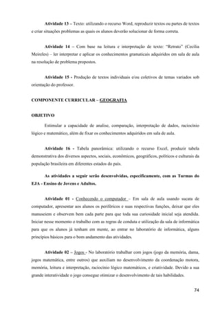 Atividade 13 – Texto: utilizando o recurso Word, reproduzir textos ou partes de textos
e criar situações problemas as quais os alunos deverão solucionar de forma correta.


       Atividade 14 – Com base na leitura e interpretação de texto: “Retrato” (Cecília
Meireles) – ler interpretar e aplicar os conhecimentos gramaticais adquiridos em sala de aula
na resolução de problema propostos.


       Atividade 15 - Produção de textos individuais e/ou coletivos de temas variados sob
orientação do professor.


COMPONENTE CURRICULAR – GEOGRAFIA


OBJETIVO

       Estimular a capacidade de analise, comparação, interpretação de dados, raciocínio
lógico e matemático, além de fixar os conhecimentos adquiridos em sala de aula.


       Atividade 16 - Tabela panorâmica: utilizando o recurso Excel, produzir tabela
demonstrativa dos diversos aspectos, sociais, econômicos, geográficos, políticos e culturais da
população brasileira em diferentes estados do país.

       As atividades a seguir serão desenvolvidas, especificamente, com as Turmas do
EJA - Ensino de Jovens e Adultos.


       Atividade 01 - Conhecendo o computador – Em sala de aula usando sucata de
computador, apresentar aos alunos os periféricos e suas respectivas funções, deixar que eles
manuseiem e observem bem cada parte para que toda sua curiosidade inicial seja atendida.
Iniciar nesse momento o trabalho com as regras de conduta e utilização da sala de informática
para que os alunos já tenham em mente, ao entrar no laboratório de informática, alguns
princípios básicos para o bom andamento das atividades.


       Atividade 02 – Jogos - No laboratório trabalhar com jogos (jogo da memória, dama,
jogos matemática, entre outros) que auxiliam no desenvolvimento da coordenação motora,
memória, leitura e interpretação, raciocínio lógico matemáticos, e criatividade. Devido a sua
grande interatividade o jogo consegue otimizar o desenvolvimento de tais habilidades.


                                                                                            74
 