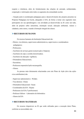 respeito e tolerância, além do fortalecimento das relações de amizade, solidariedade,
cooperação e valorização entre todos os segmentos da comunidade escolar;

- Atuação junto à coordenação pedagógica para o desenvolvimento dos projetos presentes na
Proposta Pedagógica da Escola, adequados à EJA, de forma a tornar este segmento mais
participante em sua aprendizagem e nas atividades já desenvolvidas na IE como um todo,
além de projetos sobre autoestima, orientação sexual, educação ambiental, valores e
cidadania, entre outros, visando à formação integral dos alunos.


   RECURSOS HUMANOS

       Os recursos humanos da Instituição Educacional são:
- Diretor, vice-diretora, supervisores administrativos, supervisores e coordenadores
  pedagógicos;
- Professores;
- Auxiliares de serviços gerais (conservação e limpeza);
- Auxiliares de copa e cozinha (terceirizadas);
- Auxiliares de educação: vigilância;
- Orientadoras Educacionais;
- Secretárias;
- Professora responsável pela mecanografia;
- Alunos.
       As pessoas mais diretamente relacionadas com este Plano de Ação (alvo das ações
e/ou contribuintes) são:

- Supervisor administrativo - Welder;
- Vice-diretora - Eliane
- Orientadora Educacional - Susan
- Coordenadora da EJA - Rejane
- Professores da EJA (7 profissionais)
- Professor Edilson – Laboratório de Informática
- Alunos da EJA


   RECURSOS MATERIAIS

       Os recursos disponíveis na IE que serão utilizados para a execução deste Plano,
conforme as necessidades são:
                                                                                       84
 