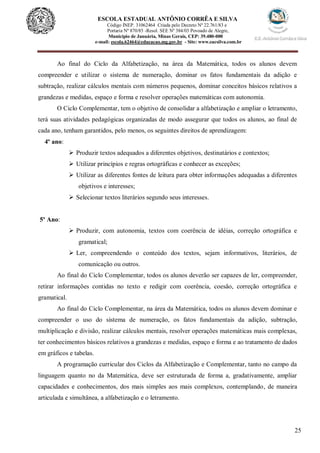 25
ESCOLA ESTADUAL ANTÔNIO CORRÊA E SILVA
Código INEP. 31062464 Criada pelo Decreto Nº 22.761/83 e
Portaria Nº 870/85 -Resol. SEE Nº 384/03 Povoado de Alegre,
Município de Januária, Minas Gerais, CEP: 39.480-000
e-mail: escola.62464@educacao.mg.gov.br - Site: www.eacsilva.com.br
Ao final do Ciclo da Alfabetização, na área da Matemática, todos os alunos devem
compreender e utilizar o sistema de numeração, dominar os fatos fundamentais da adição e
subtração, realizar cálculos mentais com números pequenos, dominar conceitos básicos relativos a
grandezas e medidas, espaço e forma e resolver operações matemáticas com autonomia.
O Ciclo Complementar, tem o objetivo de consolidar a alfabetização e ampliar o letramento,
terá suas atividades pedagógicas organizadas de modo assegurar que todos os alunos, ao final de
cada ano, tenham garantidos, pelo menos, os seguintes direitos de aprendizagem:
4º ano:
 Produzir textos adequados a diferentes objetivos, destinatários e contextos;
 Utilizar princípios e regras ortográficas e conhecer as exceções;
 Utilizar as diferentes fontes de leitura para obter informações adequadas a diferentes
objetivos e interesses;
 Selecionar textos literários segundo seus interesses.
5º Ano:
 Produzir, com autonomia, textos com coerência de idéias, correção ortográfica e
gramatical;
 Ler, compreendendo o conteúdo dos textos, sejam informativos, literários, de
comunicação ou outros.
Ao final do Ciclo Complementar, todos os alunos deverão ser capazes de ler, compreender,
retirar informações contidas no texto e redigir com coerência, coesão, correção ortográfica e
gramatical.
Ao final do Ciclo Complementar, na área da Matemática, todos os alunos devem dominar e
compreender o uso do sistema de numeração, os fatos fundamentais da adição, subtração,
multiplicação e divisão, realizar cálculos mentais, resolver operações matemáticas mais complexas,
ter conhecimentos básicos relativos a grandezas e medidas, espaço e forma e ao tratamento de dados
em gráficos e tabelas.
A programação curricular dos Ciclos da Alfabetização e Complementar, tanto no campo da
linguagem quanto no da Matemática, deve ser estruturada de forma a, gradativamente, ampliar
capacidades e conhecimentos, dos mais simples aos mais complexos, contemplando, de maneira
articulada e simultânea, a alfabetização e o letramento.
 