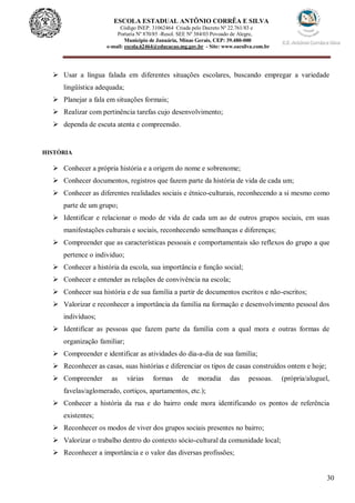 30
ESCOLA ESTADUAL ANTÔNIO CORRÊA E SILVA
 Código INEP. 31062464 Criada pelo Decreto Nº 22.761/83 e
 Portaria Nº 870/85 -Resol. SEE Nº 384/03 Povoado de Alegre,
Município de Januária, Minas Gerais, CEP: 39.480-000
e-mail: escola.62464@educacao.mg.gov.br - Site: www.eacsilva.com.br
 Usar a língua falada em diferentes situações escolares, buscando empregar a variedade
lingüística adequada;
 Planejar a fala em situações formais;
 Realizar com pertinência tarefas cujo desenvolvimento;
 dependa de escuta atenta e compreensão.
HISTÓRIA
 Conhecer a própria história e a origem do nome e sobrenome;
 Conhecer documentos, registros que fazem parte da história de vida de cada um;
 Conhecer as diferentes realidades sociais e étnico-culturais, reconhecendo a si mesmo como
parte de um grupo;
 Identificar e relacionar o modo de vida de cada um ao de outros grupos sociais, em suas
manifestações culturais e sociais, reconhecendo semelhanças e diferenças;
 Compreender que as características pessoais e comportamentais são reflexos do grupo a que
pertence o individuo;
 Conhecer a história da escola, sua importância e função social;
 Conhecer e entender as relações de convivência na escola;
 Conhecer sua história e de sua família a partir de documentos escritos e não-escritos;
 Valorizar e reconhecer a importância da família na formação e desenvolvimento pessoal dos
indivíduos;
 Identificar as pessoas que fazem parte da família com a qual mora e outras formas de
organização familiar;
 Compreender e identificar as atividades do dia-a-dia de sua família;
 Reconhecer as casas, suas histórias e diferenciar os tipos de casas construídos ontem e hoje;
 Compreender as várias formas de moradia das pessoas. (própria/aluguel,
favelas/aglomerado, cortiços, apartamentos, etc.);
 Conhecer a história da rua e do bairro onde mora identificando os pontos de referência
existentes;
 Reconhecer os modos de viver dos grupos sociais presentes no bairro;
 Valorizar o trabalho dentro do contexto sócio-cultural da comunidade local;
 Reconhecer a importância e o valor das diversas profissões;
 
