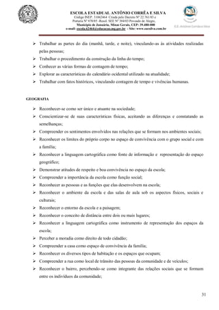 31
ESCOLA ESTADUAL ANTÔNIO CORRÊA E SILVA
 Código INEP. 31062464 Criada pelo Decreto Nº 22.761/83 e
 Portaria Nº 870/85 -Resol. SEE Nº 384/03 Povoado de Alegre,
Município de Januária, Minas Gerais, CEP: 39.480-000
e-mail: escola.62464@educacao.mg.gov.br - Site: www.eacsilva.com.br
 Trabalhar as partes do dia (manhã, tarde, e noite), vinculando-as às atividades realizadas
pelas pessoas;
 Trabalhar o procedimento da construção da linha do tempo;
 Conhecer as várias formas de contagem de tempo;
 Explorar as características do calendário ocidental utilizado na atualidade;
 Trabalhar com fatos históricos, vinculando contagem de tempo e vivências humanas.
GEOGRAFIA
 Reconhecer-se como ser único e atuante na sociedade;
 Conscientizar-se de suas características físicas, aceitando as diferenças e constatando as
semelhanças;
 Compreender os sentimentos envolvidos nas relações que se formam nos ambientes sociais;
 Reconhecer os limites do próprio corpo no espaço de convivência com o grupo social e com
a família;
 Reconhecer a linguagem cartográfica como fonte de informação e representação do espaço
geográfico;
 Demonstrar atitudes de respeito e boa convivência no espaço da escola;
 Compreender a importância da escola como função social;
 Reconhecer as pessoas e as funções que elas desenvolvem na escola;
 Reconhecer o ambiente da escola e das salas de aula sob os aspectos físicos, sociais e
culturais;
 Reconhecer o entorno da escola e a paisagem;
 Reconhecer o conceito de distância entre dois ou mais lugares;
 Reconhecer a linguagem cartográfica como instrumento de representação dos espaços da
escola;
 Perceber a moradia como direito de todo cidadão;
 Compreender a casa como espaço de convivência da família;
 Reconhecer os diversos tipos de habitação e os espaços que ocupam;
 Compreender a rua como local de trânsito das pessoas da comunidade e de veículos;
 Reconhecer o bairro, percebendo-se como integrante das relações sociais que se formam
entre os indivíduos da comunidade;
 