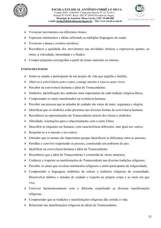 33
ESCOLA ESTADUAL ANTÔNIO CORRÊA E SILVA
 Código INEP. 31062464 Criada pelo Decreto Nº 22.761/83 e
 Portaria Nº 870/85 -Resol. SEE Nº 384/03 Povoado de Alegre,
Município de Januária, Minas Gerais, CEP: 39.480-000
e-mail: escola.62464@educacao.mg.gov.br - Site: www.eacsilva.com.br
 Vivenciar movimentos em diferentes ritmos;
 Expressar sentimentos e idéias utilizando as múltiplas linguagens do corpo;
 Vivenciar a dança e eventos escolares;
 Reconhecer a qualidade dos movimentos nas atividades rítmicas e expressivas quanto, ao
ritmo, à velocidade, intensidade e a fluidez;
 Compor pequenas coreografias a partir de temas materiais ou música.
ENSINO RELIGIOSO
 Sentir-se amado e participante de um projeto de vida que engloba a família;
 Abrir-se à convivência com o outro, consigo mesmo e com os seres vivos;
 Perceber na convivência humana a idéia do Transcendente;
 Símbolos: identificação dos símbolos mais importantes de cada tradição religiosa Ritos;
 Compreender os sinais manifestados na existência humana;
 Perceber nas pessoas que as atitudes de cuidado são sinais de amor, segurança e alegria;
 Identificar que os símbolos estão presentes nas diversas formas de convivência humana;
 Reconhecer as representações do Transcendente através dos rituais e símbolos;
 Alteridade: orientações para o relacionamento com o outro Ethos;
 Descobrir-se enquanto ser humano, com características diferentes, mas igual aos outros;
 Respeitar-se a si mesmo e aos outros;
 Entender que os nomes são importantes porque identificam as diferenças entre as pessoas;
 Partilhar e conviver respeitando as pessoas, construindo um ambiente de paz;
 Identificar na convivência humana a idéia do Transcendente;
 Reconhecer que a idéia do Transcendente é construída de várias maneiras;
 Conhecer e respeitar as manifestações do Transcendente nas diversas tradições religiosas;
 Perceber os sinais que revelam sentimentos religiosos e sentir participante da religiosidade;
 Compreender a linguagem simbólica da cultura e tradições religiosas da comunidade;
Desenvolver hábitos e atitudes de cuidado e respeito ao próprio corpo e ao meio em que
vive,
 Conviver harmoniosamente com o diferente respeitando as diversas manifestações
religiosas,
 Compreender que as tradições e manifestações religiosas dão sentido à vida;
 Relacionar nas manifestações religiosas às idéias do Transcendente;
 