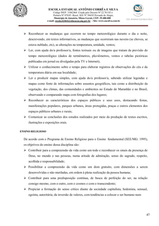 47
ESCOLA ESTADUAL ANTÔNIO CORRÊA E SILVA
Código INEP. 31062464 Criada pelo Decreto Nº 22.761/83 e
Portaria Nº 870/85 -Resol. SEE Nº 384/03 Povoado de Alegre,
Município de Januária, Minas Gerais, CEP: 39.480-000
e-mail: escola.62464@educacao.mg.gov.br - Site: www.eacsilva.com.br
 Reconhecer as mudanças que ocorrem no tempo meteorológico durante o dia e noite,
descrevendo, em textos informativos, as mudanças que ocorreram nas nuvens (se choveu, se
estava nublado, etc), as alterações na temperatura, umidade, ventos;
 Ler, com ajuda do/a professor/a, fontes textuais ou de imagens que tratam da previsão do
tempo meteorológico (dados de termômetros, pluviômetros, ventos e tabelas pictóricas
publicadas em jornal ou divulgadas pela TV e Internet);
 Utilizar o conhecimento sobre o tempo para elaborar registros de observações do céu e da
temperatura diária em sua localidade;
 Ler e produzir mapas simples, com ajuda do/a professor/a, sabendo utilizar legendas e
mapas como fonte de informações sobre assuntos geográficos, tais como a distribuição da
vegetação, dos climas, das comunidades e ambientes no Estado do Maranhão e no Brasil,
observando e comparando mapa com fotografias dos lugares;
 Reconhecer as características dos espaços públicos e seus usos, destacando festas,
manifestações populares, parques urbanos, áreas protegidas, praças e outros elementos dos
espaços públicos urbanos e rurais;
 Comunicar as conclusões dos estudos realizados por meio da produção de textos escritos,
ilustrações e exposições orais.
ENSINO RELIGIOSO
De acordo com o Programa de Ensino Religioso para o Ensino fundamental (SEE/MG: 1995),
os objetivos do ensino dessa disciplina são:
 Contribuir para a compreensão da vida como um todo e reconhecer os sinais da presença de
Deus, no mundo e nas pessoas, numa atitude de admiração, senso do sagrado, respeito,
acolhida e responsabilidade;
 Possibilitar a compreensão da vida como um dom gratuito, com dimensões a serem
desenvolvidas e não mutiladas, em ordem à plena realização da pessoa humana;
 Contribuir para uma predisposição contínua, de busca de perfeição do ser, na relação
consigo mesmo, com o outro, com o cosmos e com o transcendente;
 Propiciar a formação do senso crítico diante da sociedade capitalista, hedonista, sensual,
egoísta, autoritária; da inversão de valores, com tendências a colocar o ser humano num
 