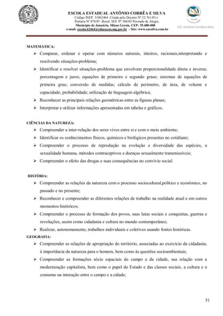 51
ESCOLA ESTADUAL ANTÔNIO CORRÊA E SILVA
Código INEP. 31062464 Criada pelo Decreto Nº 22.761/83 e
Portaria Nº 870/85 -Resol. SEE Nº 384/03 Povoado de Alegre,
Município de Januária, Minas Gerais, CEP: 39.480-000
e-mail: escola.62464@educacao.mg.gov.br - Site: www.eacsilva.com.br
MATEMÁTICA:
 Comparar, ordenar e operar com números naturais, inteiros, racionais,interpretando e
resolvendo situações-problema;
 Identificar e resolver situações-problema que envolvam proporcionalidade direta e inversa;
porcentagem e juros; equações de primeiro e segundo graus; sistemas de equações de
primeira grau; conversão de medidas; cálculo de perímetro, de área, de volume e
capacidade; probabilidade; utilização de linguagem algébrica;
 Reconhecer as principais relações geométricas entre as figuras planas;
 Interpretar e utilizar informações apresentadas em tabelas e gráficos.
CIÊNCIAS DA NATUREZA:
 Compreender a inter-relação dos seres vivos entre si e com o meio ambiente;
 Identificar os conhecimentos físicos, químicos e biológicos presentes no cotidiano;
 Compreender o processo de reprodução na evolução e diversidade das espécies, a
sexualidade humana, métodos contraceptivos e doenças sexualmente transmissíveis;
 Compreender o efeito das drogas e suas consequências no convívio social.
HISTÓRIA:
 Compreender as relações da natureza com o processo sociocultural,político e econômico, no
passado e no presente;
 Reconhecer e compreender as diferentes relações de trabalho na realidade atual e em outros
momentos históricos;
 Compreender o processo de formação dos povos, suas lutas sociais e conquistas, guerras e
revoluções, assim como cidadania e cultura no mundo contemporâneo;
 Realizar, autonomamente, trabalhos individuais e coletivos usando fontes históricas.
GEOGRAFIA:
 Compreender as relações de apropriação do território, associadas ao exercício da cidadania,
à importância da natureza para o homem, bem como às questões socioambientais;
 Compreender as formações sócio espaciais do campo e da cidade, sua relação com a
modernização capitalista, bem como o papel do Estado e das classes sociais, a cultura e o
consumo na interação entre o campo e a cidade;
 