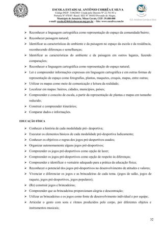 32
ESCOLA ESTADUAL ANTÔNIO CORRÊA E SILVA
 Código INEP. 31062464 Criada pelo Decreto Nº 22.761/83 e
 Portaria Nº 870/85 -Resol. SEE Nº 384/03 Povoado de Alegre,
Município de Januária, Minas Gerais, CEP: 39.480-000
e-mail: escola.62464@educacao.mg.gov.br - Site: www.eacsilva.com.br
 Reconhecer a linguagem cartográfica como representação do espaço da comunidade/bairro;
 Reconhecer paisagem natural;
 Identificar as características do ambiente e da paisagem no espaço da escola e da residência,
reconhecendo diferenças e semelhanças;
 Identificar as características do ambiente e da paisagem em outros lugares, fazendo
comparações;
 Reconhecer a linguagem cartográfica como representação do espaço natural;
 Ler e compreender informações expressas em linguagem cartográfica e em outras formas de
representação de espaço como fotografias, plantas, maquetes, croquis, mapas, entre outras;
 Utilizar os mapas como meio de comunicação e leitura da realidade;
 Localizar em mapas: bairros, cidades, municípios, países;
 Compreender o conceito de escala, a partir da representação de plantas e mapas em tamanho
reduzido;
 Construir e compreender itinerários;
 Comparar dados e informações.
EDUCAÇÃO FÍSICA
 Conhecer a história de cada modalidade pré- desportiva;
 Executar os elementos básicos de cada modalidade pré-desportiva ludicamente;
 Conhecer os objetivos e regras dos jogos pré-desportivos usados;
 Organizar autonomamente alguns jogos pré-desportivos;
 Compreender os jogos pré-desportivos como opção de lazer;
 Compreender os jogos pré-desportivos como opção de respeito às diferenças;
 Compreender e identificar o vestuário adequado para a prática da educação física;
 Reconhecer o potencial dos jogos pré-desportivos no desenvolvimento de atitudes e valores;
 Vivenciar e diferenciar os jogos e as brincadeiras de cada tema. (jogos de salão, jogos de
raquete, jogos pré-desportivos, jogos populares);
 (Re) construir jogos e brincadeiras;
 Compreender que as brincadeiras proporcionam alegria e descontração;
 Utilizar as brincadeiras e os jogos como fonte de desenvolvimento individual e por equipe;
 Articular o gesto com sons e ritmos produzidos pelo corpo, por diferentes objetos e
instrumentos musicais;
 