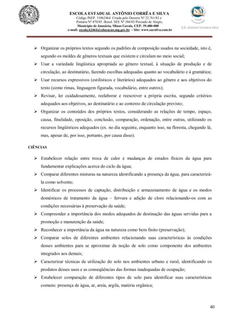 40
ESCOLA ESTADUAL ANTÔNIO CORRÊA E SILVA
Código INEP. 31062464 Criada pelo Decreto Nº 22.761/83 e
Portaria Nº 870/85 -Resol. SEE Nº 384/03 Povoado de Alegre,
Município de Januária, Minas Gerais, CEP: 39.480-000
e-mail: escola.62464@educacao.mg.gov.br - Site: www.eacsilva.com.br
 Organizar os próprios textos segundo os padrões de composição usados na sociedade, isto é,
segundo os moldes de gêneros textuais que existem e circulam no meio social;
 Usar a variedade lingüística apropriada ao gênero textual, à situação de produção e de
circulação, ao destinatário, fazendo escolhas adequadas quanto ao vocabulário e à gramática;
 Usar recursos expressivos (estilísticos e literários) adequados ao gênero e aos objetivos do
texto (como rimas, linguagem figurada, vocabulário, entre outros);
 Revisar, ler cuidadosamente, reelaborar e reescrever a própria escrita, segundo critérios
adequados aos objetivos, ao destinatário e ao contexto de circulação previsto;
 Organizar os conteúdos dos próprios textos, considerando as relações de tempo, espaço,
causa, finalidade, oposição, conclusão, comparação, ordenação, entre outras, utilizando os
recursos lingüísticos adequados (ex. no dia seguinte, enquanto isso, na floresta, chegando lá,
mas, apesar de, por isso, portanto, por causa disso).
CIÊNCIAS
 Estabelecer relação entre troca de calor e mudanças de estados físicos da água para
fundamentar explicações acerca do ciclo da água;
 Comparar diferentes misturas na natureza identificando a presença da água, para caracterizá-
la como solvente;
 Identificar os processos de captação, distribuição e armazenamento de água e os modos
domésticos de tratamento da água – fervura e adição de cloro relacionando-os com as
condições necessárias à preservação da saúde;
 Compreender a importância dos modos adequados de destinação das águas servidas para a
promoção e manutenção da saúde;
 Reconhecer a importância da água na natureza como bem finito (preservação);
 Comparar solos de diferentes ambientes relacionando suas características às condições
desses ambientes para se aproximar da noção de solo como componente dos ambientes
integrados aos demais;
 Caracterizar técnicas de utilização do solo nos ambientes urbano e rural, identificando os
produtos desses usos e as conseqüências das formas inadequadas de ocupação;
 Estabelecer comparação de diferentes tipos de solo para identificar suas características
comuns: presença de água, ar, areia, argila, matéria orgânica;
 
