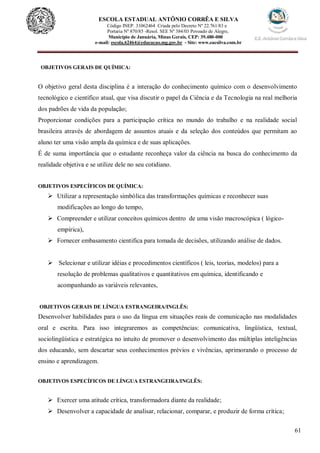 61
ESCOLA ESTADUAL ANTÔNIO CORRÊA E SILVA
Código INEP. 31062464 Criada pelo Decreto Nº 22.761/83 e
Portaria Nº 870/85 -Resol. SEE Nº 384/03 Povoado de Alegre,
Município de Januária, Minas Gerais, CEP: 39.480-000
e-mail: escola.62464@educacao.mg.gov.br - Site: www.eacsilva.com.br
OBJETIVOS GERAIS DE QUÍMICA:
O objetivo geral desta disciplina é a interação do conhecimento químico com o desenvolvimento
tecnológico e científico atual, que visa discutir o papel da Ciência e da Tecnologia na real melhoria
dos padrões de vida da população;
Proporcionar condições para a participação crítica no mundo do trabalho e na realidade social
brasileira através de abordagem de assuntos atuais e da seleção dos conteúdos que permitam ao
aluno ter uma visão ampla da química e de suas aplicações.
É de suma importância que o estudante reconheça valor da ciência na busca do conhecimento da
realidade objetiva e se utilize dele no seu cotidiano.
OBJETIVOS ESPECÍFICOS DE QUÍMICA:
 Utilizar a representação simbólica das transformações químicas e reconhecer suas
modificações ao longo do tempo,
 Compreender e utilizar conceitos químicos dentro de uma visão macroscópica ( lógico-
empírica),
 Fornecer embasamento cientifica para tomada de decisões, utilizando análise de dados.
 Selecionar e utilizar idéias e procedimentos científicos ( leis, teorias, modelos) para a
resolução de problemas qualitativos e quantitativos em química, identificando e
acompanhando as variáveis relevantes,
OBJETIVOS GERAIS DE LÍNGUA ESTRANGEIRA/INGLÊS:
Desenvolver habilidades para o uso da língua em situações reais de comunicação nas modalidades
oral e escrita. Para isso integraremos as competências: comunicativa, lingüística, textual,
sociolingüística e estratégica no intuito de promover o desenvolvimento das múltiplas inteligências
dos educando, sem descartar seus conhecimentos prévios e vivências, aprimorando o processo de
ensino e aprendizagem.
OBJETIVOS ESPECÍFICOS DE LÍNGUA ESTRANGEIRA/INGLÊS:
 Exercer uma atitude crítica, transformadora diante da realidade;
 Desenvolver a capacidade de analisar, relacionar, comparar, e produzir de forma crítica;
 