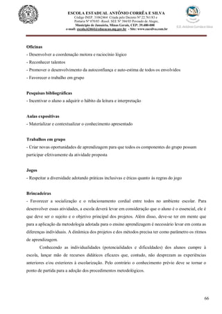 66
ESCOLA ESTADUAL ANTÔNIO CORRÊA E SILVA
Código INEP. 31062464 Criada pelo Decreto Nº 22.761/83 e
Portaria Nº 870/85 -Resol. SEE Nº 384/03 Povoado de Alegre,
Município de Januária, Minas Gerais, CEP: 39.480-000
e-mail: escola.62464@educacao.mg.gov.br - Site: www.eacsilva.com.br
Oficinas
- Desenvolver a coordenação motora e raciocínio lógico
- Reconhecer talentos
- Promover o desenvolvimento da autoconfiança e auto-estima de todos os envolvidos
- Favorecer o trabalho em grupo
Pesquisas bibliográficas
- Incentivar o aluno a adquirir o hábito da leitura e interpretação
Aulas expositivas
- Materializar e contextualizar o conhecimento apresentado
Trabalhos em grupo
- Criar novas oportunidades de aprendizagem para que todos os componentes do grupo possam
participar efetivamente da atividade proposta
Jogos
- Respeitar a diversidade adotando práticas inclusivas e éticas quanto às regras do jogo
Brincadeiras
- Favorecer a socialização e o relacionamento cordial entre todos no ambiente escolar. Para
desenvolver essas atividades, a escola deverá levar em consideração que o aluno é o essencial, ele é
que deve ser o sujeito e o objetivo principal dos projetos. Além disso, deve-se ter em mente que
para a aplicação da metodologia adotada para o ensino aprendizagem é necessário levar em conta as
diferenças individuais. A dinâmica dos projetos e dos métodos precisa ter como parâmetro os ritmos
de aprendizagem.
Conhecendo as individualidades (potencialidades e dificuldades) dos alunos cumpre à
escola, lançar mão de recursos didáticos eficazes que, contudo, não desprezam as experiências
anteriores e/ou exteriores à escolarização. Pelo contrário o conhecimento prévio deve se tornar o
ponto de partida para a adoção dos procedimentos metodológicos.
 