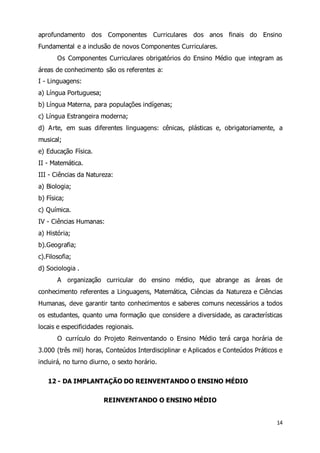 aprofundamento dos Componentes Curriculares dos anos finais do Ensino 
Fundamental e a inclusão de novos Componentes Curriculares. 
Os Componentes Curriculares obrigatórios do Ensino Médio que integram as 
áreas de conhecimento são os referentes a: 
I - Linguagens: 
a) Língua Portuguesa; 
b) Língua Materna, para populações indígenas; 
c) Língua Estrangeira moderna; 
d) Arte, em suas diferentes linguagens: cênicas, plásticas e, obrigatoriamente, a 
musical; 
e) Educação Física. 
II - Matemática. 
III - Ciências da Natureza: 
a) Biologia; 
b) Física; 
c) Química. 
IV - Ciências Humanas: 
a) História; 
b).Geografia; 
c).Filosofia; 
d) Sociologia . 
A organização curricular do ensino médio, que abrange as áreas de 
conhecimento referentes a Linguagens, Matemática, Ciências da Natureza e Ciências 
Humanas, deve garantir tanto conhecimentos e saberes comuns necessários a todos 
os estudantes, quanto uma formação que considere a diversidade, as características 
locais e especificidades regionais. 
O currículo do Projeto Reinventando o Ensino Médio terá carga horária de 
3.000 (três mil) horas, Conteúdos Interdisciplinar e Aplicados e Conteúdos Práticos e 
incluirá, no turno diurno, o sexto horário. 
14 
12 - DA IMPLANTAÇÃO DO REINVENTANDO O ENSINO MÉDIO 
REINVENTANDO O ENSINO MÉDIO 
 