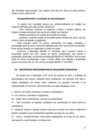 das atividades desenvolvidas. Seu registro será feito em diário de classe próprio, 
sendo um para cada turma. 
25 
Acompanhamento e avaliação da aprendizagem 
O registro dos resultados deverá ser, preferencialmente em relação aos 
objetivos definidos para cada período, através de: 
- ficha individual contendo os objetivos a atingir e escalas relativas aos 
estágios de desenvolvimento dos alunos em relação aos mesmos; 
- relatórios periódicos de reunião de Conselho de Classe; 
- portfólios, contendo relação de atividades desenvolvidas pelo aluno, sob seu 
próprio critério de seleção e julgamento. 
Cada bimestre valerá 25 pontos, distribuídos em testes, avaliações e 
participação geral do aluno. Nenhuma atividade pode valer mais de 50% do período. 
Esses pontos deverão ser registrados no diário de classe. 
Conforme a Resolução SEE/MG nº 521/2004, não é possível realizar a 
progressão parcial nos anos iniciais do Ensino Fundamental, mas apenas a 
progressão continuada, nos termos da Resolução SEE/MG nº 469/2003. Para os anos 
finais do Ensino Fundamental e para o Ensino Médio será adotada a progressão 
parcial nos termos dos art. 38 e 39 da resolução SEE/MG nº 521/2004. 
14- CRITÉRIOS E INSTRUMENTOS DE AVALIAÇÃO E REGISTRO: 
De acordo com a Resolução 2.197 de 26 de outubro de 2012 a avaliação da 
aprendizagem dos alunos, realizada pelos professores, em conjunto com toda a 
equipe pedagógica da escola, parte integrante da proposta curricular e da 
implementação do currículo, redimensionadora da ação pedagógica, deve: 
I - assumir um caráter processual, formativo e participativo; 
II - ser contínua, cumulativa e diagnóstica; 
III - utilizar vários instrumentos, recursos e procedimentos; 
IV - fazer prevalecer os aspectos qualitativos do aprendizado do aluno sobre os 
quantitativos; 
V - assegurar tempos e espaços diversos para que os alunos com menor rendimento 
tenham condições de ser devidamente atendidos ao longo do ano letivo; 
VI - prover, obrigatoriamente, intervenções pedagógicas, ao longo do ano letivo, 
para garantir a aprendizagem no tempo certo; 
 
