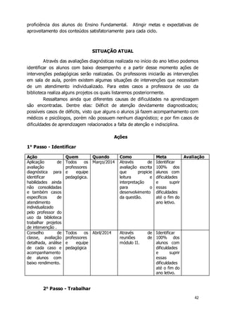 proficiência dos alunos do Ensino Fundamental. Atingir metas e expectativas de 
aproveitamento dos conteúdos satisfatoriamente para cada ciclo. 
42 
SITUAÇÃO ATUAL 
Através das avaliações diagnósticas realizada no início do ano letivo podemos 
identificar os alunos com baixo desempenho e a partir desse momento ações de 
intervenções pedagógicas serão realizadas. Os professores iniciarão as intervenções 
em sala de aula, porém existem algumas situações de intervenções que necessitam 
de um atendimento individualizado. Para estes casos a professora de uso da 
biblioteca realiza alguns projetos os quais listaremos posteriormente. 
Ressaltamos ainda que diferentes causas de dificuldades na aprendizagem 
são encontradas. Dentre elas: Déficit de atenção devidamente diagnosticados; 
possíveis casos de déficits, visto que alguns o alunos já fazem acompanhamento com 
médicos e psicólogos, porém não possuem nenhum diagnóstico; e por fim casos de 
dificuldades de aprendizagem relacionados a falta de atenção e indisciplina. 
Ações 
1° Passo - Identificar 
Ação Quem Quando Como Meta Avaliação 
Aplicação de 
Todos os 
Março/2014 Através de 
Identificar 
avaliação 
professores 
avaliação escrita 
100% dos 
diagnóstica para 
e equipe 
que propicie 
alunos com 
identificar 
pedagógica. 
leitura e 
dificuldades 
habilidades ainda 
interpretação 
e suprir 
não consolidadas 
para o 
essas 
e também casos 
desenvolvimento 
dificuldades 
específicos de 
da questão. 
até o fim do 
atendimento 
ano letivo. 
individualizado 
pelo professor do 
uso da biblioteca 
trabalhar projetos 
de intervenção . 
Conselho de 
classe, avaliação 
detalhada, análise 
de cada caso e 
acompanhamento 
de alunos com 
baixo rendimento. 
Todos os 
professores 
e equipe 
pedagógica 
Abril/2014 Através de 
reuniões de 
módulo II. 
Identificar 
100% dos 
alunos com 
dificuldades 
e suprir 
essas 
dificuldades 
até o fim do 
ano letivo. 
2° Passo - Trabalhar 
 