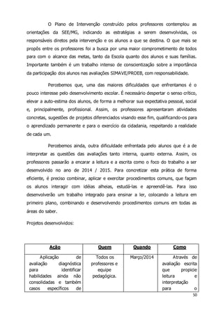 O Plano de Intervenção construído pelos professores contemplou as 
orientações da SEE/MG, indicando as estratégias a serem desenvolvidas, os 
responsáveis diretos pela intervenção e os alunos a que se destina. O que mais se 
propôs entre os professores foi a busca por uma maior comprometimento de todos 
para com o alcance das metas, tanto da Escola quanto dos alunos e suas famílias. 
Importante também é um trabalho intenso de conscientização sobre a importância 
da participação dos alunos nas avaliações SIMAVE/PROEB, com responsabilidade. 
Percebemos que, uma das maiores dificuldades que enfrentamos é o 
pouco interesse pelo desenvolvimento escolar. É necessário despertar o senso crítico, 
elevar a auto-estima dos alunos, de forma a melhorar sua expectativa pessoal, social 
e, principalmente, profissional. Assim, os professores apresentaram atividades 
concretas, sugestões de projetos diferenciados visando esse fim, qualificando-os para 
o aprendizado permanente e para o exercício da cidadania, respeitando a realidade 
de cada um. 
Percebemos ainda, outra dificuldade enfrentada pelo alunos que é a de 
interpretar as questões das avaliações tanto interna, quanto externa. Assim, os 
professores passarão a encarar a leitura e a escrita como o foco do trabalho a ser 
desenvolvido no ano de 2014 / 2015. Para concretizar esta prática de forma 
eficiente, é preciso combinar, aplicar e exercitar procedimentos comuns, que façam 
os alunos interagir com idéias alheias, estudá-las e apreendê-las. Para isso 
desenvolverão um trabalho integrado para ensinar a ler, colocando a leitura em 
primeiro plano, combinando e desenvolvendo procedimentos comuns em todas as 
áreas do saber. 
50 
Projetos desenvolvidos: 
Ação Quem Quando Como 
Aplicação de 
avaliação diagnóstica 
para identificar 
habilidades ainda não 
consolidadas e também 
casos específicos de 
Todos os 
professores e 
equipe 
pedagógica. 
Março/2014 Através de 
avaliação escrita 
que propicie 
leitura e 
interpretação 
para o 
 