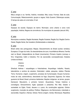 2˚ ano
Meus amigos e eu: família, história, moradias; Meu corpo; Formas; Sala de aula;
Comunicação; Relacionamento: grupos e regras; Índio Guarani; Diferenças sociais;
O tempo de cada um e de todos; O sol.


3˚ ano
Espaços da escola; Espaços do bairro; Município: zona urbana e zona rural,
população, história; Regras de convivência; Os municípios do passado (século XIX);


4˚ ano
Municípios e estados; Região Nordeste; Região Sudeste; Região Sul; Região Centro-
Oeste; Região Norte; Ser brasileiro (Solidariedade e cidadania);

5˚ ano
Brasil antes dos portugueses; Mapas; Descobrimento do Brasil (outras versões);
Europeus; O lugar do índio; Os descobridores de ouro; Inconfidência Mineira; Família
real no Brasil; Independência do Brasil (movimento); Primeiro Império (começo e
fim); Imigrantes; Café e Indústria; Fim da escravidão (conseqüências); Estados
Unidos do Brasil;

          História
          5ª Série
Sherlock Holmes / arqueólogos e historiadores; Arqueólogo: trabalho, fósseis,
laboratórios e centros de estudos; Historiador: coleta, pesquisa, relatos; Planeta
Terra; Humanos: origem, surgimento, processo de humanização; Grupos humanos:
modo de vida, sobrevivência, descoberta do fogo; Esquimós; Egípcios; Os índios
guaranis do Brasil; Brasil: primeiros habitantes; Nações indígenas: as terras, grupos;
Kamaiurá: Mavutsinin, o primeiro homem: Akuanduba; Tempo histórico e
cronológico; Etnocentrismo; Egito (passado e presente); Rio Nilo; Estado e
sociedade no Egito; Faraó, deuses e o povo; As construções egípcias; Grécia:
surgimento, invenção da política; Política: Oligarquia e da Democracia; Liberdade e
escravidão; Esparta e Atenas; Grécia: Roma (origem, lenda); Monarquia; República
 