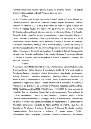 Romana; ristianismo; Império Romano; História do Paraná: Paraná – um estado
brasileiro; Nosso espaço no Brasil; A história da nossa terra.
          6ª Série
Império Bizantino: centralização, hierarquia; Roma Ocidental e Oriental; Oriente e o
Ocidente; Bárbaros; Germânicos; Guerreiros; Religião; Império Romano do Ocidente;
Períodos da História (a.C. e d.C.); Feudalismo; O poder da Igreja Católica; Os
feudos; Sociedade feudal; Os nobres; Os cavaleiros; Os servos; As bruxas;
Civilização árabe; Arábia pré-islâmica; Maomé e o islamismo; Corão; A Unificação;
Expansão árabe; Inovações técnicas e aumento demográfico; Jerusalém; Comércio;
Novas profissões e atividades; Peste negra na Europa; Os mercadores e o rei; O
renascimento cultural; Homem, centro do mundo; A pintura, a escultura e a literatura;
A Reforma Protestante; Henrique VIII; A Contra-Reforma; Concílio de Trento; As
grandes navegações; Encontro da América; Os povos pré-colombianos; Europeus do
século XV; A guerra; Conquistar para explorar; A chegada de Cabral; As expedições
exploradoras; Escambo; As feitorias; A colonização; O açúcar; A sociedade. História
do Paraná: A formação das cidades do Paraná; Paraná – popular e o pitoresco; Os
símbolos do Paraná.
          7ª Série
A Europa na Idade Média: Revisão; Os reis comandam seus países; O absolutismo;
O mercantilismo;     Antigo Regime; O absolutismo inglês; O Parlamento inglês; A
Revolução Gloriosa; Liberalismo político; O iluminismo; John Locke; Montesquieu;
Voltaire; Rousseau; Liberalismo econômico; Liberalismo clássico; Iluminismo na
América; 1776: a independência dos Estados Unidos; A Revolução Francesa I ; A
economia; A organização social ; Política: absolutismo X iluminismo; A Revolução
Francesa II; Os girondinos; Os jacobinos; O Pântano; República Girondina (1792-
1793); República Jacobina (1793-1795); Diretório (1795-1799); Os fins e os meios de
Napoleão; França x Inglaterra; Século XVII: o inferno português; Ouro no Brasil; O
controle metropolitano; Destino do ouro brasileiro; Liberalismo contra o Pacto
Colonial; Inconfidência Mineira; Conjuração Baiana; A História oficial; A família real
no Brasil; A abertura dos portos; O processo de independência; A Constituição da
Mandioca; Constituição outorgada de 1824; Conflitos no império; Nova fase do
Capitalismo; As fábricas; O ludismo; O cartismo; A Segunda Revolução Industrial;
Neocolonialismo;     Etnocentrismo   e   violência;   O   mundo   burguês;   Conflito:
trabalhadores contra burgueses; Socialismo Científico; Anarquismo; As revoltas
 