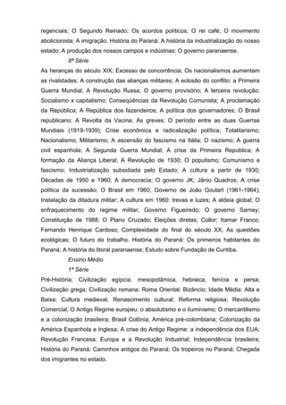 regenciais; O Segundo Reinado; Os acordos políticos; O rei café; O movimento
abolicionista; A imigração. História do Paraná: A história da industrialização do nosso
estado; A produção dos nossos campos e indústrias; O governo paranaense.
          8ª Série
As heranças do século XIX; Excesso de concorrência; Os nacionalismos aumentam
as rivalidades; A construção das alianças militares; A eclosão do conflito: a Primeira
Guerra Mundial; A Revolução Russa; O governo provisório; A terceira revolução;
Socialismo x capitalismo; Conseqüências da Revolução Comunista; A proclamação
da República; A República dos fazendeiros; A política dos governadores; O Brasil
republicano; A Revolta da Vacina; As greves; O período entre as duas Guerras
Mundiais (1919-1939); Crise econômica e radicalização política; Totalitarismo;
Nacionalismo; Militarismo; A ascensão do fascismo na Itália; O nazismo; A guerra
civil espanhola; A Segunda Guerra Mundial; A crise da Primeira República; A
formação da Aliança Liberal; A Revolução de 1930; O populismo; Comunismo e
fascismo; Industrialização subsidiada pelo Estado; A cultura a partir de 1930;
Décadas de 1950 e 1960; A democracia; O governo JK; Jânio Quadros; A crise
política da sucessão; O Brasil em 1960; Governo de João Goulart (1961-1964);
Instalação da ditadura militar; A cultura em 1960: trevas e luzes; A aldeia global; O
enfraquecimento do regime militar; Governo Figueiredo; O governo Sarney;
Constituição de 1988; O Plano Cruzado; Eleições diretas; Collor; Itamar Franco;
Fernando Henrique Cardoso; Complexidade do final do século XX; As questões
ecológicas; O futuro do trabalho. História do Paraná: Os primeiros habitantes do
Paraná; A história do litoral paranaense; Estudo sobre Fundação de Curitiba.
          Ensino Médio
          1ª Série
Pré-História; Civilização egípcia, mesopotâmica, hebraica, fenícia e persa;
Civilização grega; Civilização romana; Roma Oriental: Bizâncio; Idade Média: Alta e
Baixa; Cultura medieval; Renascimento cultural; Reforma religiosa; Revolução
Comercial; O Antigo Regime europeu: o absolutismo e o iluminismo; O mercantilismo
e a colonização brasileira; Brasil Colônia; América pré-colombiana; Colonização da
América Espanhola e Inglesa; A crise do Antigo Regime: a independência dos EUA;
Revolução Francesa; Europa e a Revolução Industrial; Independência brasileira;
História do Paraná: Caminhos antigos do Paraná; Os tropeiros no Paraná; Chegada
dos imigrantes no estado.
 