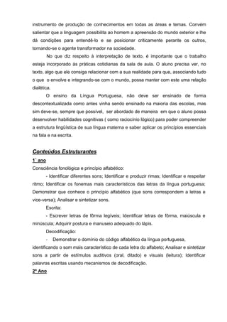 instrumento de produção de conhecimentos em todas as áreas e temas. Convém
salientar que a linguagem possibilita ao homem a apreensão do mundo exterior e lhe
dá condições para entendê-lo e se posicionar criticamente perante os outros,
tornando-se o agente transformador na sociedade.
         No que diz respeito à interpretação de texto, é importante que o trabalho
esteja incorporado às práticas cotidianas da sala de aula. O aluno precisa ver, no
texto, algo que ele consiga relacionar com a sua realidade para que, associando tudo
o que o envolve e integrando-se com o mundo, possa manter com este uma relação
dialética.
         O ensino da Língua Portuguesa, não deve ser ensinado de forma
descontextualizada como antes vinha sendo ensinado na maioria das escolas, mas
sim deve-se, sempre que possível, ser abordado de maneira em que o aluno possa
desenvolver habilidades cognitivas ( como raciocínio lógico) para poder compreender
a estrutura lingüística de sua língua materna e saber aplicar os princípios essenciais
na fala e na escrita.


Conteúdos Estruturantes
1˚ ano
Consciência fonológica e princípio alfabético:
         - Identificar diferentes sons; Identificar e produzir rimas; Identificar e respeitar
ritmo; Identificar os fonemas mais característicos das letras da língua portuguesa;
Demonstrar que conhece o princípio alfabético (que sons correspondem a letras e
vice-versa); Analisar e sintetizar sons.
         Escrita:
         - Escrever letras de fôrma legíveis; Identificar letras de fôrma, maiúscula e
minúscula; Adquirir postura e manuseio adequado do lápis.
         Decodificação:
       -     Demonstrar o domínio do código alfabético da língua portuguesa,
identificando o som mais característico de cada letra do alfabeto; Analisar e sintetizar
sons a partir de estímulos auditivos (oral, ditado) e visuais (leitura); Identificar
palavras escritas usando mecanismos de decodificação.
2º Ano
 