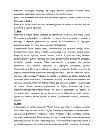 indicativo; Pontuação: emprego da vírgula (adjunto adverbial iniciando frase;
expressões explicativas; não e sim enfáticos ); dois pontos; aspas;
ponto final; Pronomes substantivos e pronomes adjetivos; Verbos: exercícios com
tempos do indicativo
Predicação verbal: exercícios com verbo de ligação, intransitivo e transitivo; Adjunto
adnominal e adjunto adverbial;
7ª Série
Pronomes e tempos verbais utilizados no poema lírico "Pela rua", de Ferreira Gullar;
O presente e o imperfeito do subjuntivo no poema citado; Imperativo: formação e
emprego; Categorias gramaticais da palavra a; Características da linguagem
jornalística; Vozes do verbo: ativa e passiva; Ambigüidade.
Complemento verbal: objeto direto; representação por pronome oblíquo átono;
Complemento verbal: objeto indireto; representação por pronome oblíquo átono;
Regência verbal: agradar, aspirar, assistir, implicar, ir, namorar, (des)obedecer,
perdoar, preferir, querer; Recursos estilísticos: personificação, pleonasmo, gradação,
repetição, inversão, antítese; Crase: conceituação e emprego; Voz passiva
pronominal;   Voz      reflexiva.   Recursos   da    linguagem      jornalística;   Aposto:
características e diferença em relação ao adjunto adnominal; Oração com valor de
adjetivo: características; Pontuação: emprego da vírgula; Tipos de predicado: verbal,
nominal, verbo-nominal; Predicativo do sujeito e predicativo do objeto: estrutura da
frase com esses predicativos; Complemento nominal: características e diferença em
relação ao adjunto adnominal; Tabela-síntese dos termos da oração; Transformação
de   frases   usando     recursos   expressivos     da   língua;   Evolução    da   língua:
arcaísmos/neologismos/estrangeirismos; As classes gramaticais da palavra a:
preposição, artigo, pronome; termos ligados ao verbo: objeto direto, objeto indireto,
agente da passiva; termos ligados ao nome: complemento nominal, predicativo,
aposto.
8ª Série
A linguagem no soneto camoniano "Amor é fogo que arde...": predicado nominal,
predicativo, adjuntos adnominais, orações adjetivas; A linguagem no citado soneto:
voz passiva pronominal; Predicação verbal: predicado verbal, predicado nominal,
predicado verbo-nominal; Frase, oração, período; Frase e estilo: subversão da norma
gramatical, tipos de discurso, frase telegráfica; Reconhecimento do período simples e
do período composto; Encadeamento de orações no período composto. A formação
 