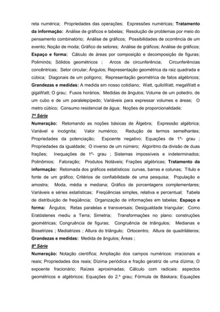 reta numérica; Propriedades das operações; Expressões numéricas; Tratamento
da informação: Análise de gráficos e tabelas; Resolução de problemas por meio do
pensamento combinatório; Análise de gráficos; Possibilidades de ocorrência de um
evento; Noção de moda; Gráfico de setores; Análise de gráficos; Análise de gráficos;
Espaço e forma: Cálculo de áreas por composição e decomposição de figuras;
Poliminós; Sólidos geométricos ;       Arcos de circunferência;      Circunferências
concêntricas; Setor circular; Ângulos; Representação geométrica da raiz quadrada e
cúbica; Diagonais de um polígono; Representação geométrica de fatos algébricos;
Grandezas e medidas: A medida em nosso cotidiano; Watt, quiloWatt, megaWatt e
gigaWatt; O grau; Fusos horários; Medidas de ângulos; Volume de um poliedro, de
um cubo e de um paralelepípedo; Variáveis para expressar volumes e áreas; O
metro cúbico; Consumo residencial de água; Noções de proporcionalidade;
7ª Série
Numeração:       Retomando as noções básicas de Álgebra;       Expressão algébrica;
Variável e incógnita;       Valor numérico;    Redução de termos semelhantes;
Propriedades da potenciação;       Expoente negativo; Equações de 1º- grau ;
Propriedades da igualdade; O inverso de um número; Algoritmo da divisão de duas
frações;   Inequações de 1º- grau ; Sistemas impossíveis e indeterminados;
Polinômios;    Fatoração;   Produtos Notáveis; Frações algébricas; Tratamento da
informação: Retomada dos gráficos estatísticos: curvas, barras e colunas; Título e
fonte de um gráfico; Critérios de confiabilidade de uma pesquisa;      População e
amostra;      Moda, média e mediana; Gráfico de porcentagens complementares;
Variáveis e séries estatísticas; Freqüências simples, relativa e percentual; Tabela
de distribuição de freqüência; Organização de informações em tabelas; Espaço e
forma: Ângulos; Retas paralelas e transversais; Desigualdade triangular; Como
Eratóstenes mediu a Terra; Simetria;       Transformações no plano: construções
geométricas; Congruência de figuras;     Congruência de triângulos;     Medianas e
Bissetrizes ; Mediatrizes ; Altura do triângulo; Ortocentro; Altura de quadriláteros;
Grandezas e medidas: Medida de ângulos; Áreas ;
8ª Série
Numeração: Notação científica; Ampliação dos campos numéricos: irracionais e
reais; Propriedades dos reais; Dízima periódica e fração geratriz de uma dízima; O
expoente fracionário; Raízes aproximadas;        Cálculo com radicais: aspectos
geométricos e algébricos; Equações do 2.º grau; Fórmula de Báskara; Equações
 