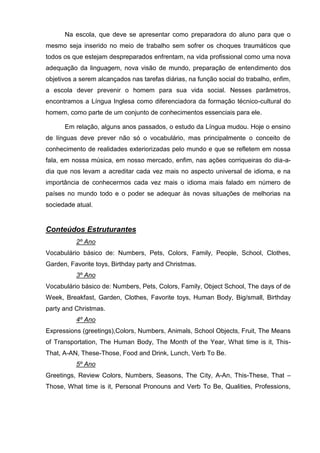 Na escola, que deve se apresentar como preparadora do aluno para que o
mesmo seja inserido no meio de trabalho sem sofrer os choques traumáticos que
todos os que estejam despreparados enfrentam, na vida profissional como uma nova
adequação da linguagem, nova visão de mundo, preparação de entendimento dos
objetivos a serem alcançados nas tarefas diárias, na função social do trabalho, enfim,
a escola dever prevenir o homem para sua vida social. Nesses parâmetros,
encontramos a Língua Inglesa como diferenciadora da formação técnico-cultural do
homem, como parte de um conjunto de conhecimentos essenciais para ele.

      Em relação, alguns anos passados, o estudo da Língua mudou. Hoje o ensino
de línguas deve prever não só o vocabulário, mas principalmente o conceito de
conhecimento de realidades exteriorizadas pelo mundo e que se refletem em nossa
fala, em nossa música, em nosso mercado, enfim, nas ações corriqueiras do dia-a-
dia que nos levam a acreditar cada vez mais no aspecto universal de idioma, e na
importância de conhecermos cada vez mais o idioma mais falado em número de
países no mundo todo e o poder se adequar às novas situações de melhorias na
sociedade atual.


Conteúdos Estruturantes
          2º Ano
Vocabulário básico de: Numbers, Pets, Colors, Family, People, School, Clothes,
Garden, Favorite toys, Birthday party and Christmas.
          3º Ano
Vocabulário básico de: Numbers, Pets, Colors, Family, Object School, The days of de
Week, Breakfast, Garden, Clothes, Favorite toys, Human Body, Big/small, Birthday
party and Christmas.
          4º Ano
Expressions (greetings),Colors, Numbers, Animals, School Objects, Fruit, The Means
of Transportation, The Human Body, The Month of the Year, What time is it, This-
That, A-AN, These-Those, Food and Drink, Lunch, Verb To Be.
          5º Ano
Greetings, Review Colors, Numbers, Seasons, The City, A-An, This-These, That –
Those, What time is it, Personal Pronouns and Verb To Be, Qualities, Professions,
 