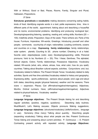 With or Without, Good or Bad, Places, Rooms, Family, Singular and Plural,
Halloween, Prepositions.
           5ª Série
Estruturas gramaticais e vocabulário making decisions concerning eating habits;
kinds of food; Identifying cognate words in a text; polite expressions; time; time in
different parts of the world; appointment; Asking about and describing a house/flat
and its rooms; environmental problems; Identifying and producing ‗ecological tips‘;
Developing/expanding listening, speaking, reading and; writing skills; Numbers (20 —
100); Indefinite article; Preposition; Days of the week; There is/there are; Parts of the
house; Furniture; Imperative; Wh-words; Greetings; Introducing yourself and other
people; commands; country/city of origin; nationalities; Locating continents, oceans
and countries on a map; Expressing family relationships: family relationships;
solar system;     planets; Counting to 20;      phone number; Checking in at a hotel;
favorite color; objects/places (color, size); Developing/expanding -skills; Personal
pronouns; Verb to be; Numbers (0 — 20); This / these; Genitives; The alphabet;
School objects; Colors; Family relationships; Possessive Adjectives; Vocabulary
related; Wh-words (what, who, where, whose, how, what color, how do you spell);
countries; Talking about Brazilian cultural aspects; activities; Conjunctions: and, but;
Vocabulary related to folklore; The Present Simple Tense; Vocabulary related to daily
activities; Sports and free time activities;Vocabulary related to history and geography;
Expressing ability; sports preferences; opinions about people; one‘s age and about
birth dates; describing people (physical features); weather and the seasons; There
is/are — expansion; Places; Can affirmative/negative/interrogative); Adjectives;
Months; Ordinal numbers; Have; (affirmative/negative/interrogative); Adjectives
related to physical features; Vocabulary weather
           6ª Série
Language language objectives:           The Present Simple Asking for and describing
regular activities; (positive, negative, questions);               Describing daily routines;
Must/Mustn't; Let's Making excuses; Objects pronouns Making suggestions;
Language language objectives: (structures/vocabulary) (skills/functions... language
in use);      Some/any (How many) Talking about quantity;                 Describing people
(expanding vocabulary) Talking about what people are like; Present Continuous
Tense Asking and answering about current activities; P. Continuous                S. Present
Contrasting     present   activity   with   repeated   activity;     Language    Objectives:
 