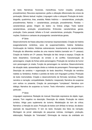 de   texto;     Narrativas:     ficcionais,   maravilhosa,   humor      (noções,    produção,
procedimentos); Recursos expressivos: grafia e utilização diferenciada dos sinais de
pontuação; Gênero textual: noções; Linguagem culta e coloquial; Produção de texto:
biografia, quadrinhos, tiras, anedota; Relato histórico — características, produção,
procedimentos; Notícia — características, produção, procedimentos; Paródia —
características gerais; Origem do teatro: na Grécia antiga; Texto teatral:
características,     produção,        procedimentos;   Entrevista:   características   gerais,
produção; Carta pessoal, bilhete e E-mail: características, produção; Propaganda:
noções; Outdoors e cartazes de propaganda: características gerais;
              6ª Série
Desenvolvimento de frases absurdas (nonsense /expressividade); Criação de história
exageradamente           romântica,    cena   de   suspense/mistério,    história   fantástica;
Continuação de história; Histórias sobrenaturais: levantamento de características;
Produção de diferentes versões de uma mesma história (narrador em 1ª- pessoa);
Criação de história em 3ª- pessoa; Narração de fato: tempo e espaço; Criação de
texto dissertativo; Construção do enredo e de conflito; Caracterização de
personagens; criação de fichas sobre personagens; Produção de narrativa de humor
com personagem já criada; Função de personagem na narrativa; Desenvolvimento
de situação dada, apresentação direta ou indireta de personagem; Personagem-tipo;
Descrição de cenários + organização do texto descritivo; Produção de narrativa
realista ou fantástica; Análise e paródia de texto com linguagem jurídica; Produção
de texto memorialista; Criação e desenvolvimento de fórmulas narrativas; Projeto
narrativo e narração: compatibilidade; Desfecho: inesperado; Narrativa de suspense
com verbos no presente; Criação de personagens "complexas"; Narrativa com
diálogo; Narrativa de suspense ou humor; Texto informativo: conteúdo genérico e
particular;
              7ª Série
Linguagem expressiva; Redação de manual; Descrição expressiva de objeto, lugar,
pessoa; Tom negativo na descrição; Descrição de cidade; Produção de roteiro
turístico; Artigo para suplemento de turismo; Modalização do tom de crítica;
Narrativa: a intenção do autor; Produção de textos com ênfase no tempo, de abaixo-
assinado de requerimento; O tom do texto; Duração dos fatos da narração;
Montagem de jornal: elaboração de pequenas notícias, montagem, produção,
elaboração; Redação de "chamadas"; Eliminação de marcas de oralidade em
 