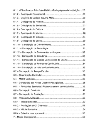 6.1.1 - Filosofia e os Princípios Didático-Pedagógicos da Instituição.....25
6.1.2 – Concepção Educacional..............................................................26
6.1.3 – Objetivo do Colégio Tia Ana Maria..............................................26
6.1.4 – Concepção de Homem................................................................27
6.1.5 – Concepção de Sociedade............................................................27
6.1.6 – Concepção de Cultura.................................................................28
6.1.7 – Concepção de Mundo..................................................................28
6.1.8 – Concepção de Infância................................................................29
6.1.9 – Concepção de Escola..................................................................30
6.1.10 – Concepção de Conhecimento...................................................31
6.1.11 – Concepção de Tecnologia ........................................................31
6.1.12 – Concepção de Ensino e Aprendizagem....................................32
6.1.13 – Concepção de Cidadania..........................................................33
6.1.14 – Concepção de Gestão Democrática de Ensino.........................33
6.1.15 – Concepção de Formação Continuada.......................................34
6.1.16 – Concepção de hora atividade docente......................................35
6.2 – Concepção de Tempo Escolar.......................................................35
6.3 – Organização Curricular...................................................................36
6.4 – Matriz Curricular.............................................................................36
6.5 – Concepção das Ações Didático-Pedagógicas................................38
6.5.1 – Atividades Escolares: Projetos a serem desenvolvidos..............39
6.6 – Concepção Curricular.....................................................................49
6.7 – Concepção de Avaliação................................................................51
6.8 – Planos de Avaliação.......................................................................52
6.8.1 – Média Bimestral...........................................................................53
6.8.2 – Avaliações de 2ª Chamada.........................................................54
6.8.3 – Média Semestral..........................................................................54
6.8.4 – Critérios para aprovação.............................................................55
7 – Marco Operacional............................................................................56
 