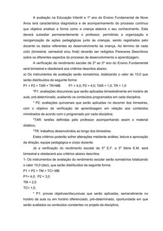 A avaliação na Educação Infantil e 1º ano do Ensino Fundamental de Nove
Anos terá característica diagnóstica e de acompanhamento do processo contínuo
que objetiva analisar a forma como a criança elabora o seu conhecimento. Esta
deverá subsidiar permanentemente o professor, permitindo a organização e
reorganização de ações pedagógicas junto às crianças, sendo registrados pelo
docente os dados referentes ao desenvolvimento da criança. Ao término de cada
ciclo (bimestral, semestral e/ou final) deverão ser redigidos Pareceres Descritivos
sobre os diferentes aspectos do processo de desenvolvimento e aprendizagem.
       A verificação de rendimento escolar de 2º ao 5º ano do Ensino Fundamental
será bimestral e obedecerá aos critérios descritos abaixo:
a) Os instrumentos de avaliação serão somatórios, totalizando o valor de 10,0 que
serão distribuídos da seguinte forma:
P1 + P2 + TAR + TR=MB          P1 = 4,0; P2 = 4,0; TAR = 1,0; TR = 1,0
       *P1: avaliações discursivas que serão aplicadas bimestralmente em horário de
aula, pré-determinado, avaliando os conteúdos programados em cada disciplina;
       * P2: avaliações quinzenais que serão aplicadas no decorrer dos bimestres,
com o objetivo de verificação de aprendizagem em relação aos conteúdos
ministrados de acordo com o programado por cada disciplina;
       *TAR: tarefas definidas pelo professor acompanhando assim o material
didático;
       *TR: trabalhos desenvolvidos ao longo dos bimestres.
       Estes critérios poderão sofrer alterações mediante análise, leitura e aprovação
da direção, equipe pedagógica e corpo docente.
       Já a verificação do rendimento escolar de 5a E.F. a 3a Série E.M. será
bimestral e obedecerá aos critérios abaixo descritos:
1- Os instrumentos de avaliação do rendimento escolar serão somatórios totalizando
o valor 10,0 (dez), que serão distribuídos da seguinte forma:
P1 + P2 + TM + TC= MB
P1= 4,0; P2 = 3,0
TM = 2,0
TC= 1,0.
       * P1: provas objetivas/discursivas que serão aplicadas, semanalmente no
horário de aula ou em horário diferenciado, pré-determinado, oportunidade em que
serão avaliados os conteúdos constantes no projeto da disciplina;
 