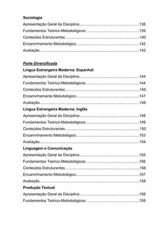 Sociologia
Apresentação Geral da Disciplina.........................................................138
Fundamentos Teórico-Metodológicos ..................................................139
Conteúdos Estruturantes ......................................................................140
Encaminhamento Metodológico............................................................142
Avaliação...............................................................................................142


Parte Diversificada
Língua Estrangeira Moderna: Espanhol
Apresentação Geral da Disciplina.........................................................144
Fundamentos Teórico-Metodológicos ..................................................144
Conteúdos Estruturantes ......................................................................145
Encaminhamento Metodológico............................................................147
Avaliação...............................................................................................148
Língua Estrangeira Moderna: Inglês
Apresentação Geral da Disciplina.........................................................148
Fundamentos Teórico-Metodológicos ..................................................149
Conteúdos Estruturantes ......................................................................150
Encaminhamento Metodológico............................................................153
Avaliação...............................................................................................154
Linguagem e Comunicação
Apresentação Geral da Disciplina.........................................................155
Fundamentos Teórico-Metodológicos ..................................................156
Conteúdos Estruturantes ......................................................................156
Encaminhamento Metodológico............................................................157
Avaliação...............................................................................................158
Produção Textual
Apresentação Geral da Disciplina.........................................................158
Fundamentos Teórico-Metodológicos ..................................................159
 