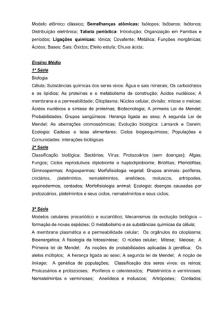 Modelo atômico clássico; Semelhanças atômicas: Isótopos; Isóbaros; Isótonos;
Distribuição eletrônica; Tabela periódica: Introdução; Organização em Famílias e
períodos; Ligações químicas: Iônica; Covalente; Metálica; Funções inorgânicas;
Ácidos; Bases; Sais; Óxidos; Efeito estufa; Chuva ácida;


Ensino Médio
1ª Série
Biologia
Célula; Substâncias químicas dos seres vivos: Água e sais minerais; Os carboidratos
e os lipídios; As proteínas e o metabolismo de construção; Ácidos nucléicos; A
membrana e a permeabilidade; Citoplasma; Núcleo celular, divisão: mitose e meiose;
Ácidos nucléicos e síntese de proteínas; Biotecnologia; A primeira Lei de Mendel;
Probabilidades; Grupos sangüíneos: Herança ligada ao sexo; A segunda Lei de
Mendel; As aberrações cromossômicas; Evolução biológica: Lamarck e Darwin;
Ecologia: Cadeias e teias alimentares; Ciclos biogeoquímicos; Populações e
Comunidades: interações biológicas
2ª Série
Classificação biológica; Bactérias; Vírus; Protozoários (sem doenças); Algas;
Fungos; Ciclos reprodutivos diplobionte e haplodiplobionte; Briófitas; Pteridófitas;
Gimnospermas; Angiospermas; Morfofisiologia vegetal; Grupos animais: poríferos,
cnidários,     platelmintos,   nematelmintos,   anelídeos,   moluscos,     artrópodes,
equinodermos, cordados; Morfofisiologia animal; Ecologia: doenças causadas por
protozoários, platelmintos e seus ciclos, nematelmintos e seus ciclos;


3ª Série
Modelos celulares procariótico e eucariótico; Mecanismos da evolução biológica –
formação de novas espécies; O metabolismo e as substâncias químicas da célula;
A membrana plasmática e a permeabilidade celular; Os orgânulos do citoplasma;
Bioenergética; A fisiologia da fotossíntese; O núcleo celular; Mitose; Meiose; A
Primeira lei de Mendel; As noções de probabilidades aplicadas à genética; Os
alelos múltiplos; A herança ligada ao sexo; A segunda lei de Mendel; A noção de
linkage;     A genética de populações;    Classificação dos seres vivos: os reinos;
Protozoários e protozooses; Poríferos e celenterados; Platelmintos e verminoses;
Nematelmintos e verminoses;        Anelídeos e moluscos;     Artrópodes;    Cordados;
 