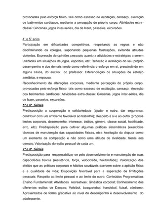 provocadas pelo esforço físico, tais como excesso de excitação, cansaço, elevação
de batimentos cardíacos, mediante a percepção do próprio corpo; Atividades extra-
classe: Gincanas, jogos inter-séries, dia de lazer, passeios, excursões.


4˚ e 5˚ anos
Participação     em   dificuldades   competitivas,   respeitando   as   regras   e   não
discriminando os colegas, suportando pequenas frustrações, evitando atitudes
violentas; Expressão de opiniões pessoais quanto a atividades e estratégias a serem
utilizadas em situações de jogos, esportes, etc; Reflexão e avaliação do seu próprio
desempenho e dos demais tendo como referência o esforço em si, prescindindo em
alguns casos, do auxílio      do professor. Diferenciação de situações de esforço
aeróbico, e repouso.
Reconhecimento de alterações corporais, mediante percepção do próprio corpo,
provocadas pelo esforço físico, tais como excesso de excitação, cansaço, elevação
dos batimentos cardíacos; Atividades extra-classe: Gincanas, jogos inter-séries, dia
de lazer, passeios, excursões.
5ª e 6ª Séries
Predisposição a cooperação e solidariedade (ajudar o outro, dar segurança,
contribuir com um ambiente favorável ao trabalho); Respeito a si e ao outro (próprios
limites corporais, desempenho, interesse, biótipo, gênero, classe social, habilidade,
erro, etc); Predisposição para cultivar algumas práticas sistemáticas (exercícios
técnicos de manutenção das capacidades físicas, etc); Aceitação da disputa como
um elemento da competição e não como uma atitude de rivalidade, frente aos
demais; Valorização do estilo pessoal de cada um.
7ª e 8ª Séries
Predisposição para responsabilizar-se pelo desenvolvimento e manutenção de suas
capacidades físicas (resistência, força, velocidade, flexibilidade); Valorização dos
efeitos que as práticas corporais e hábitos saudáveis exercem sobre a aptidão física
e a qualidade de vida; Disposição favorável para a superação de limitações
pessoais; Respeito ao limite pessoal e ao limite do outro; Conteúdos Programáticos
Ensino Fundamental: Atividades recreativas; Ginástica corporal; Conhecimento dos
diferentes estilos de Danças; Voleibol, basquetebol, handebol, futsal, atletismo;
Apresentados de forma gradativa ao nível do desempenho e desenvolvimento do
adolescente.
 