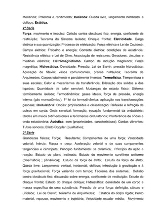 Mecânica; Potência e rendimento; Balística: Queda livre, lançamento horizontal e
oblíquo; Estática.
2ª Série
Força: movimento e impulso; Colisão contra obstáculo fixo: energia, coeficiente de
restituição; Teorema do Sistema Isolado; Choque frontal; Eletricidade. Carga
elétrica e sua quantização; Processo de eletrização; Força elétrica e Lei de Coulomb;
Campo elétrico: Trabalho e energia; Corrente elétrica: condições de existência;
Resistência elétrica e Lei de Ohm; Associação de resistores; Geradores, circuitos e
medidas elétricas; Eletromagnetismo. Campo de indução magnética; Força
magnética; Hidrostática. Densidade, Pressão; Lei de Stevin: pressão hidrostática;
Aplicação de Stevin: vasos comunicantes, prensa hidráulica; Teorema de
Arquimedes. Corpos totalmente e parcialmente imersos; Termofísica. Temperatura e
suas escalas; Calor e mecanismos de transferência; Dilatação dos sólidos e dos
líquidos; Quantidade de calor sensível; Mudanças de estado físico; Sistema
termicamente isolado; Termodinâmica: gases ideais, força de pressão, energia
interna (gás monoatômico); 1ª lei da termodinâmica: aplicação nas transformações
gasosas; Ondulatória: Ondas: propriedades e classificação; Reflexão e refração de
pulsos em corda; Onda senoidal: formação, equação fundamental da ondulatória;
Ondas em meios bidimensionais e fenômenos ondulatórios; Interferência de ondas e
onda estacionária; Acústica: som (propriedades, características); Cordas vibrantes;
Tubos sonoros; Efeito Doppler (qualitativo);
3ª Série
Grandezas físicas; Força;     Resultante; Componentes de uma força; Velocidade
vetorial; Inércia; Massa e peso; Aceleração vetorial e de suas componentes
tangenciais e centrípeta; Princípio fundamental da dinâmica; Princípio da ação e
reação; Estudo do plano inclinado; Estudo do movimento curvilíneo uniforme
(cinemática) ; (dinâmica);   Estudo da força de atrito;   Estudo da força de atrito;
Queda livre; Lançamento vertical, horizontal, oblíquo; Introdução à gravitação e à
força gravitacional; Força variando com tempo; Teorema dos sistemas;         Colisão
contra obstáculo fixo: discussão sobre energia, coeficiente de restituição; Estudo do
choque frontal; Estudo do choque oblíquo; Hidrostática: densidade de um corpo e
massa específica de uma substância; Pressão de uma força: definição, cálculo e
unidade; Lei de Stevin; Teorema de Arquimedes;       Estática do corpo rígido; Ponto
material, repouso, movimento e trajetória; Velocidade escalar média;      Movimento
 