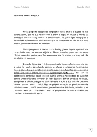 Proposta Pedagógica                                                    Educação Infantil



Trabalhando os Projetos




          Nossa proposta pedagógica compreende que a criança é sujeito de sua
aprendizagem, que na sua relação com o outro, é capaz de mudar o mundo. A
concepção em que nos apoiamos é o construtivismo, no qual a ação pedagógica é
dinamizada constantemente pelas relações que se estabelecem na sala de aula e no
escolar, pelo fazer cotidiano do professor.


           Nessa perspectiva trabalhar com a Pedagogia de Projetos que está em
consonância com os nossos objetivos. Nosso trabalho parte de um olhar
diferenciado sobre a criança e sobre a nossa maneira de ensinar buscando incluí-la
ao máximo no processo.


           Segundo Hernandez (1998), a organização do currículo deve ser feita por
projetos de trabalho, com atuação conjunta de alunos e professores. As diferentes
fases e atividades que compõem um projeto ajudam os estudantes a desenvolver a
consciência sobre o próprio processo de aprendizagem (grifo nosso). Isto tem nos
possibilitado consolidar nossa proposta quando afirma a necessidade de sustentar
sempre uma nova prática inovadora de fazer educação ser um processo de estudo,
sem perder a contextualização na qual se insere o aluno e sua vida em um novo
mundo. Assim, nossa metodologia de projetos é amplia as possibilidades de
trabalhar com os conteúdos conceituais, procedimentais e Atitudinais, articulando as
diferentes áreas do conhecimento, além de proporcionar o desenvolvimento do
processo ensino aprendizagens.




                                                                                       19
 