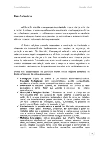 Proposta Pedagógica                                                      Educação Infantil



Eixos Norteadores




         A Educação Infantil é um espaço de inventividade, onde a criança pode criar
e recriar. A música, proposta no referencial é considerada uma linguagem e forma
de conhecimento, presente no cotidiano das crianças, buscam garantir um excelente
meio para o desenvolvimento da expressão, da auto-estima e autoconhecimento,
além de poderoso instrumento de integração social.


        O Ensino religioso pretende desenvolver a construção da identidade, a
dimensão da transcendência, fundamentado nas relações de segurança, da
proteção e do afeto. São Marcelino Champagnat, educador nato e excepcional
deixou-nos como legado o segredo de sua eficácia: o exemplo e a simplicidade com
que se relacionam as crianças e diz que: Para bem educar uma criança é preciso
antes de tudo amá-la. O trabalho com a psicomotricidade é o caminho pelo qual à
criança estabelece uma relação sadia com o corpo e a mente, organizando e
controlando o movimento, ela é capaz de construir melhor suas habilidades motoras.

Dentro das especificidades da Educação Infantil, nossa Proposta contempla os
Eixos norteadores da prática pedagógica:

    Concepção: Sujeito de direitos e um cidadão sócio-histórico-cultural.
     Proposta Pedagógica: com intencionalidade, gestão compartilhada,
     envolvendo a família, escola e comunidade interna e de seu entorno.
    Ludicidade: O Trabalho docente, as alternativas na pratica do fazer
     pedagógico e como         fazer, que viabilize o processo            de   ensino
     aprendizagem.
    Interações e Relações Sociais: O Processo de inserir a criança em um
     novo universo onde ele apropria de novos saberes e saberes que até
     então não é o seus: imaginado, fantasiado e cheio de cores de detalhes
     que só sua infância e idade podem descrever, é tornar possível viver em
     um novo ambiente de interações, busca, curiosidade, no processo de
     ensino e no contexto coletivo do aprender e viver.
    Conhecimento do mundo natural e social: Ser Mediador do processo de
     contato, tomar gosto, investigar, perguntar, ter curiosidade a partir da
     múltiplas ações que o processo no seu tempo e pratica possa envolve-la
     com a natureza; interagir com plantas, animais, materiais; ouvir histórias e
     estórias; movimentar-se em diferentes espaços naturais e culturais.
    Múltiplas Linguagens: prática pedagógica que envolva "atividades de
     aprendizagem significativas" que contemplem: música, desenho, pintura,
     teatro, movimento, escrita, oralidade, gestos, escultura, literatura, matemática,
     poesia, relações espaciais, tendo como foco principal a compreensão do
     mundo, expressar idéias, sentimentos, sensações, compartilhar suas


                                                                                         20
 